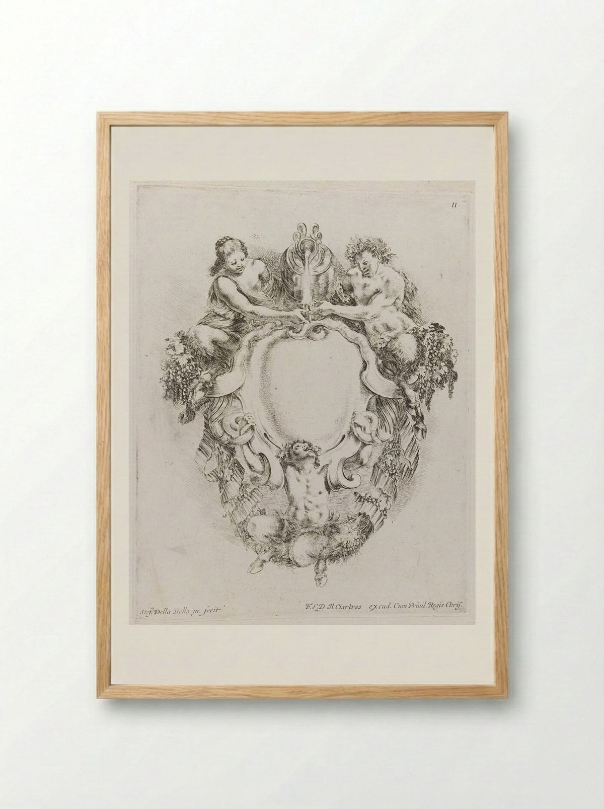 Two Satyrs and a Satyress, Pouring Wine - Stefano Della Bella - Framed Print Wood
