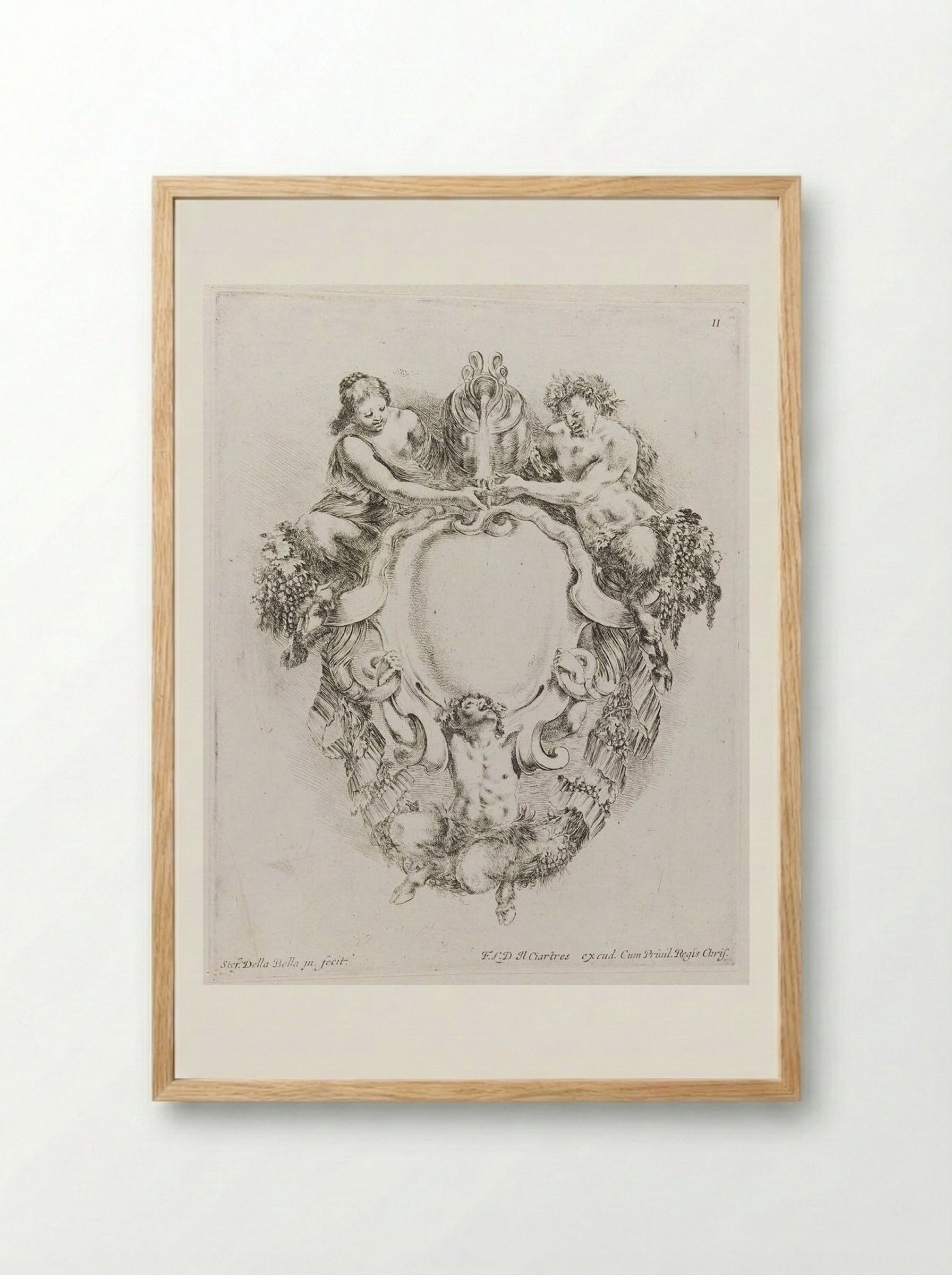 Two Satyrs and a Satyress, Pouring Wine - Stefano Della Bella - Framed Print Wood