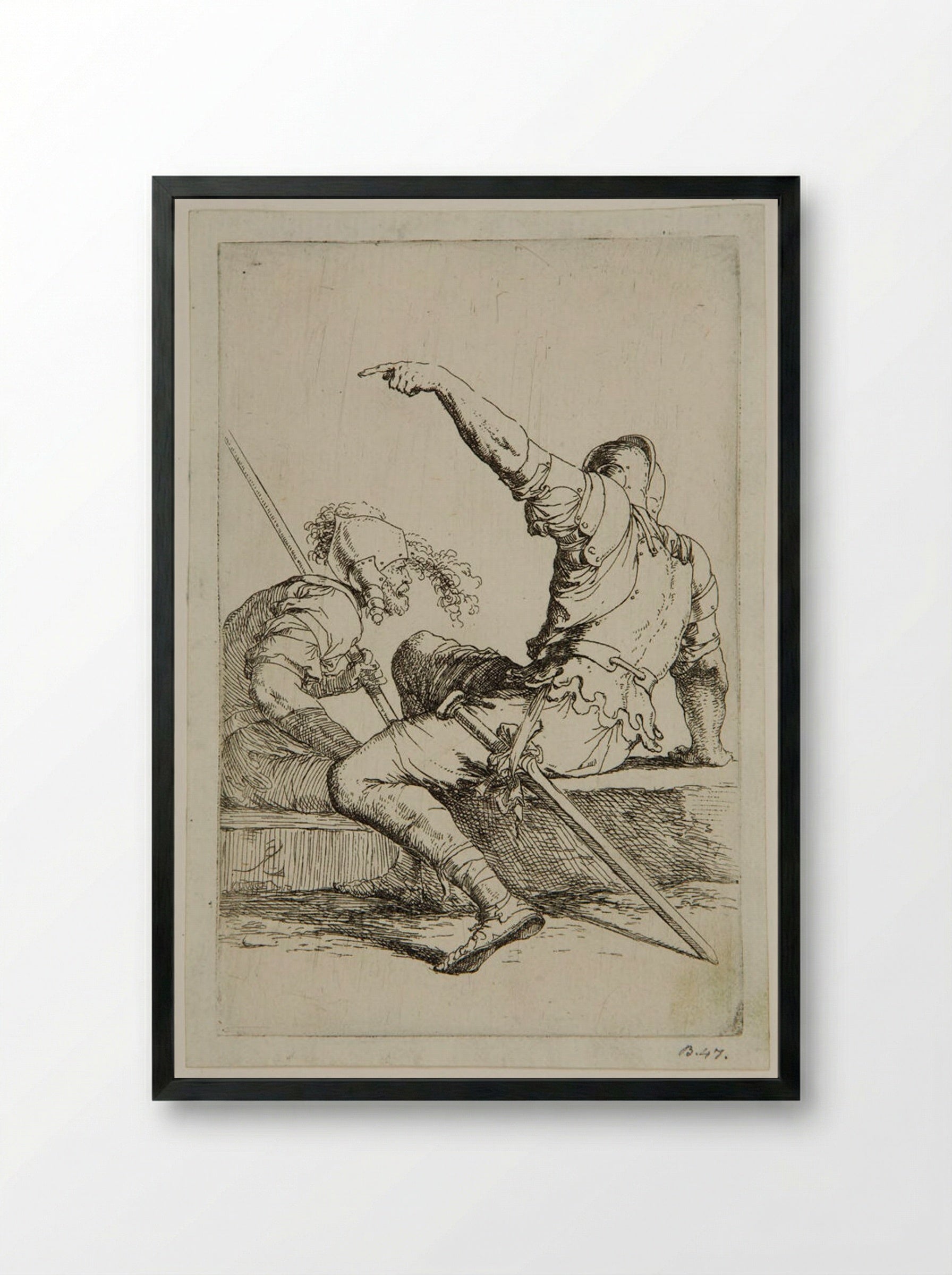 Two Soldiers Sitting in Conversation - Salvator Rosa - Framed Print Black