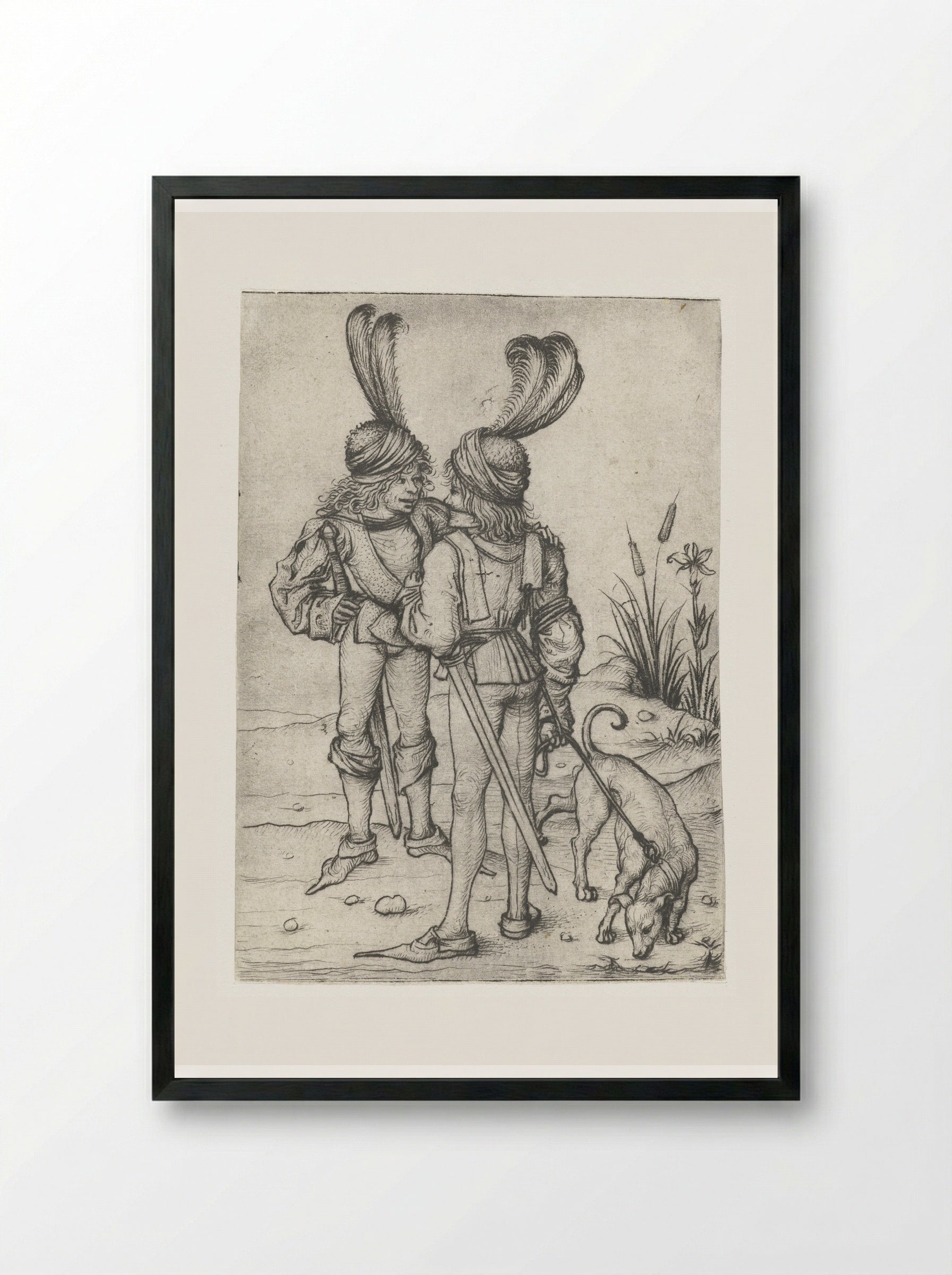 Two Talking Hunters - Master of the Amsterdam Cabinet - Framed Print Black
