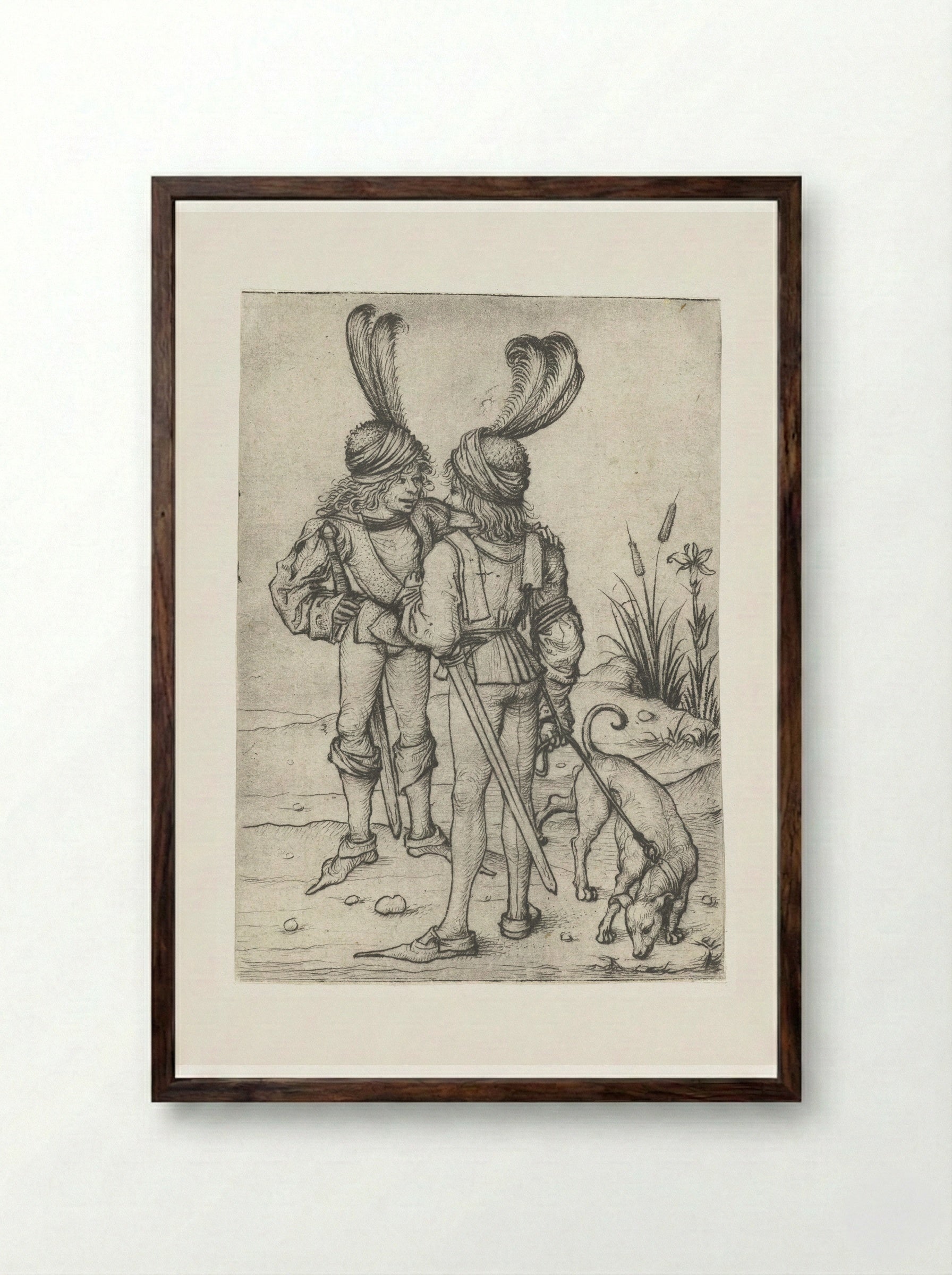 Two Talking Hunters - Master of the Amsterdam Cabinet - Framed Print Dark Wood