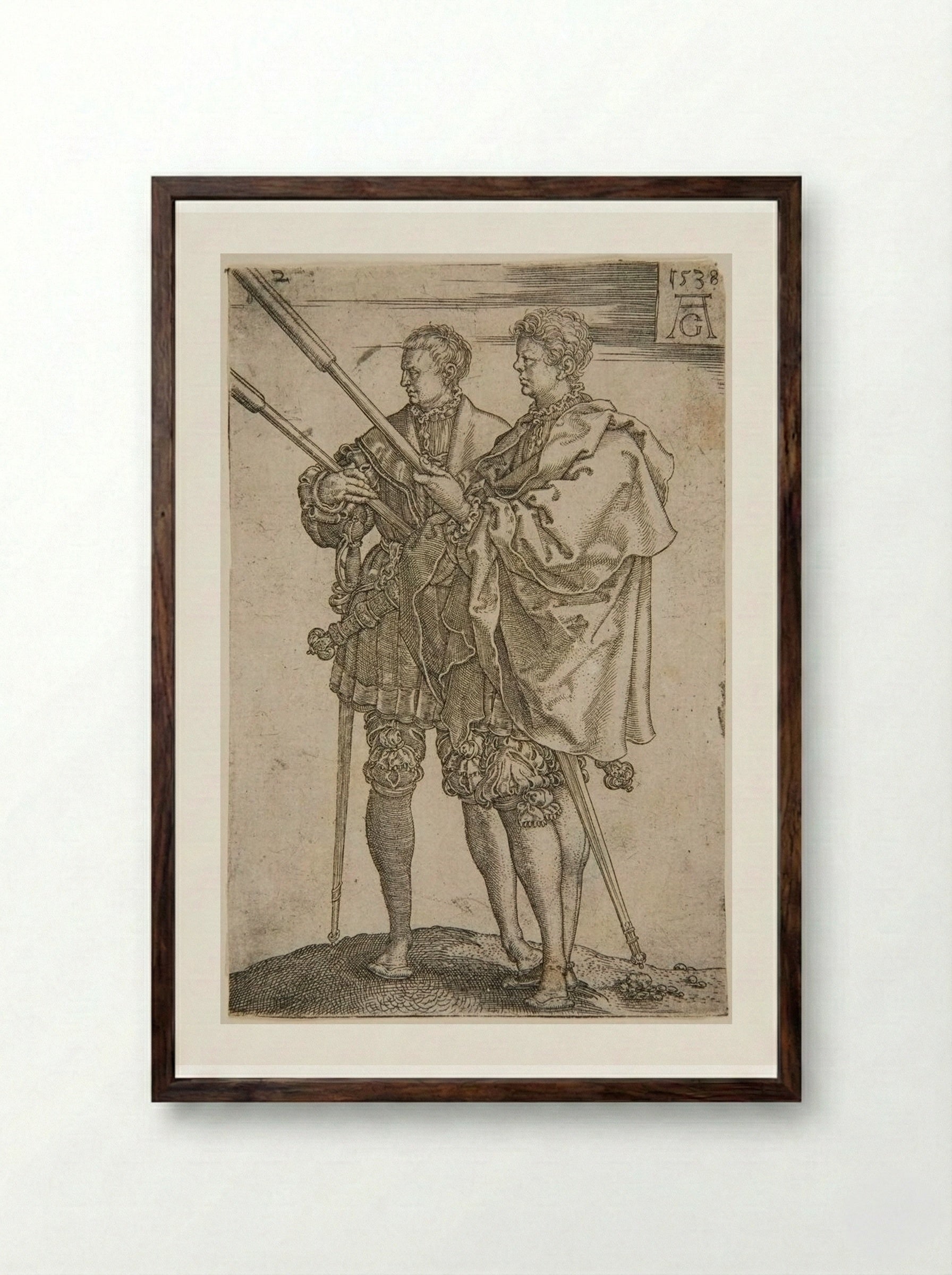 Two Torch-Bearers - Heinrich Aldegrever - Framed Print Dark Wood