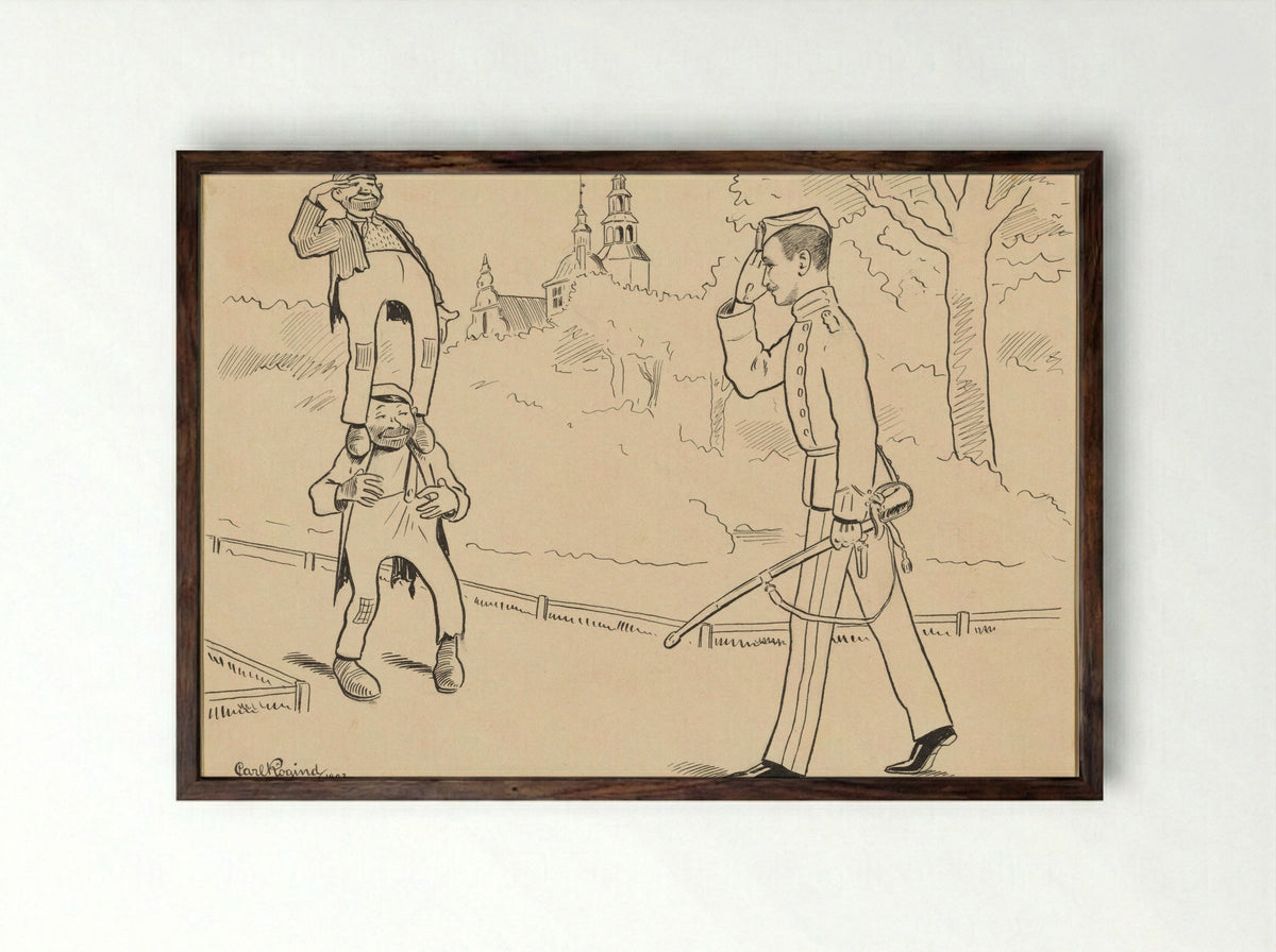 Two Tramps Standing on Each Other Greeting a Military Officer - Carl Frederik Lobeck Rögind - Framed Print Dark Wood