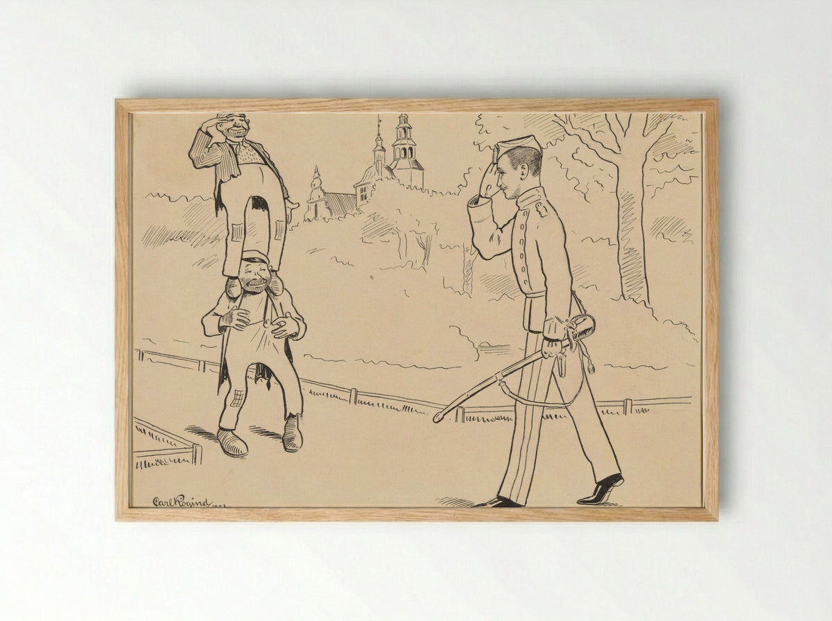 Two Tramps Standing on Each Other Greeting a Military Officer - Carl Frederik Lobeck Rögind - Framed Print Wood