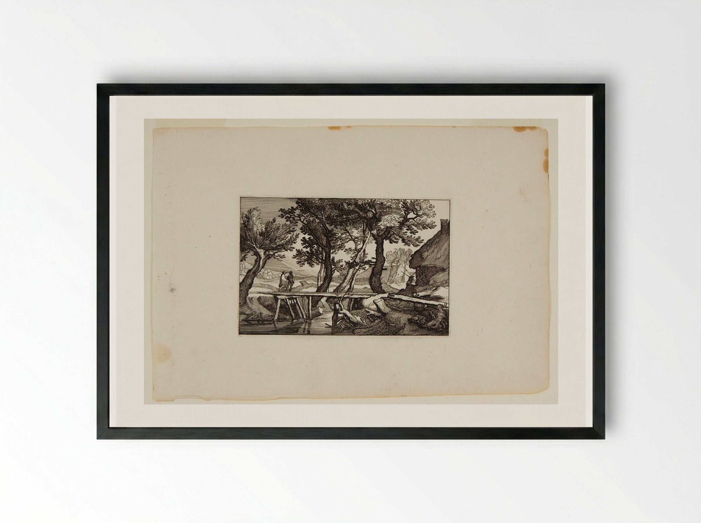 Two Travelers Crossing a Bridge toward a Farm on the Right - Claes Jansz. Visscher - Framed Print Black