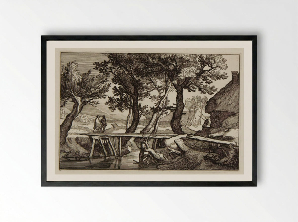 Two Travelers Crossing a Bridge toward a Farm on the Right - Claes Jansz. Visscher - Framed Print Black