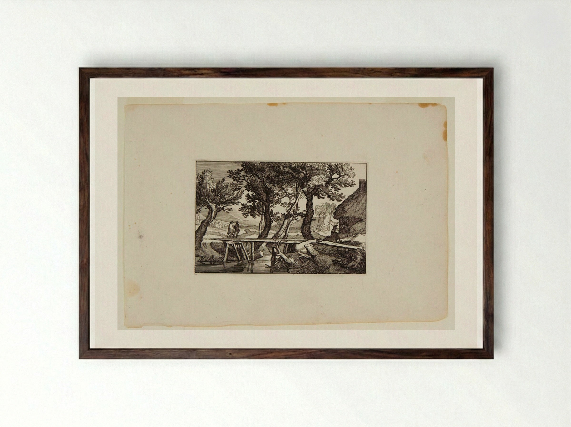 Two Travelers Crossing a Bridge toward a Farm on the Right - Claes Jansz. Visscher - Framed Print Dark Wood