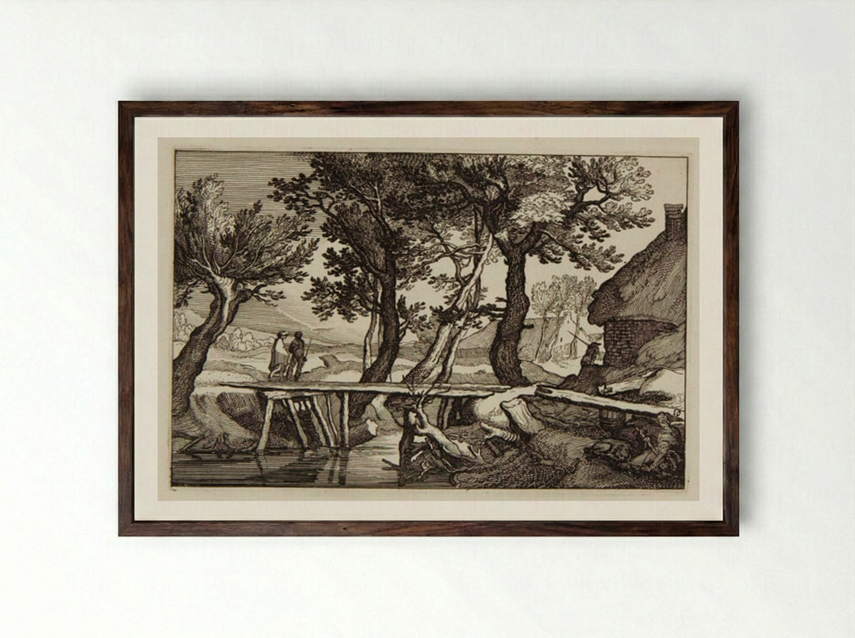 Two Travelers Crossing a Bridge toward a Farm on the Right - Claes Jansz. Visscher - Framed Print Dark Wood