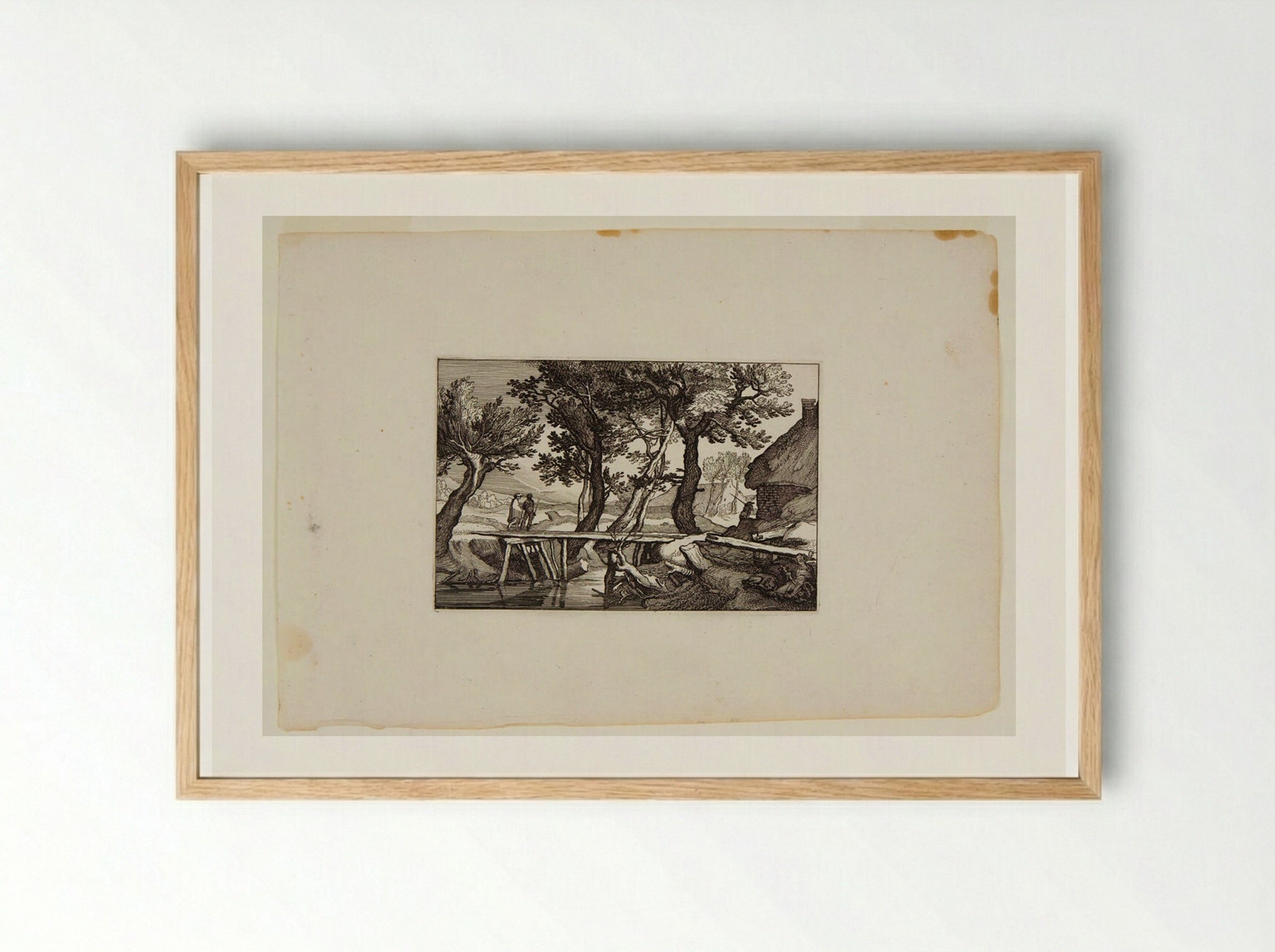 Two Travelers Crossing a Bridge toward a Farm on the Right - Claes Jansz. Visscher - Framed Print Wood