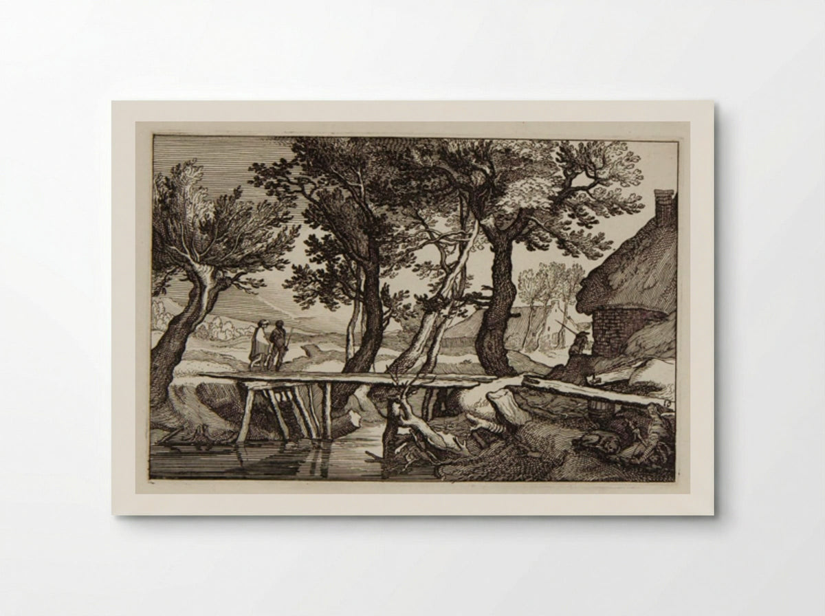 Two Travelers Crossing a Bridge toward a Farm on the Right - Claes Jansz. Visscher - Poster