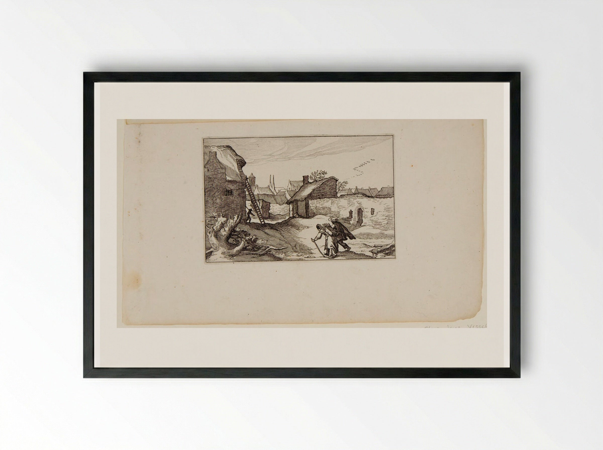 Two Travelers Headed into a Village - Claes Jansz. Visscher - Framed Print Black