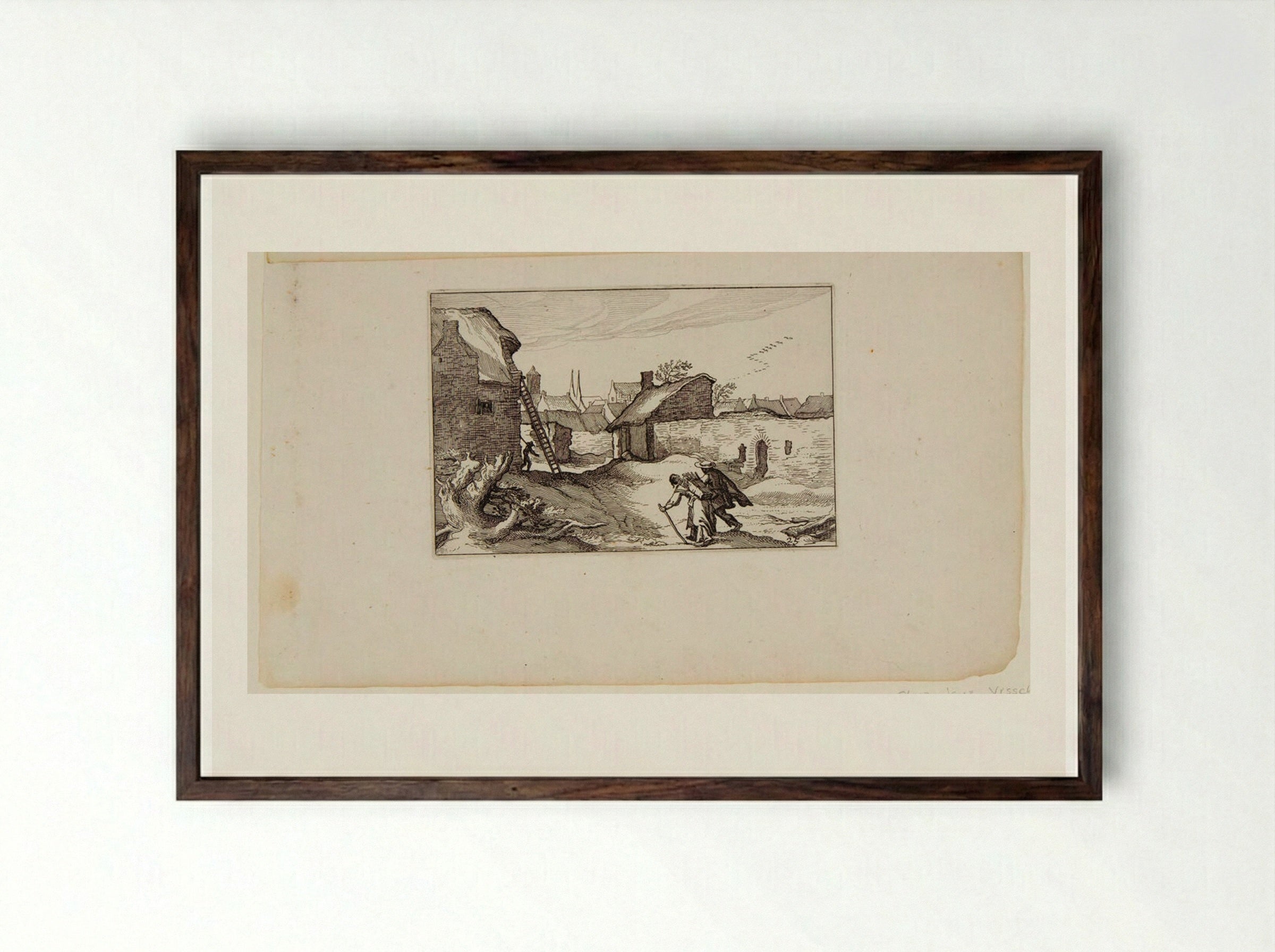 Two Travelers Headed into a Village - Claes Jansz. Visscher - Framed Print Dark Wood