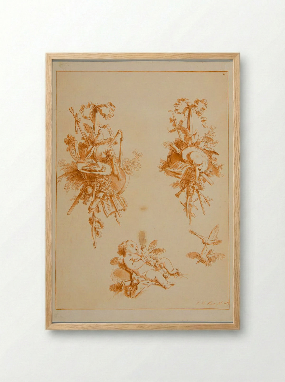 Two Trophies and a Putti with Doves - Jean-Baptiste Huet - Framed Print Wood