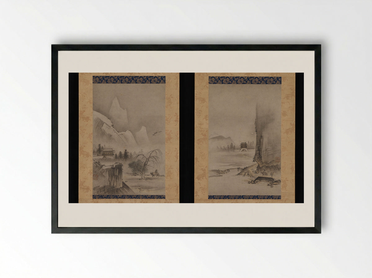 Two Views from the Eight Views of the Xiao and Xiang Rivers - Kantei - Framed Print Black
