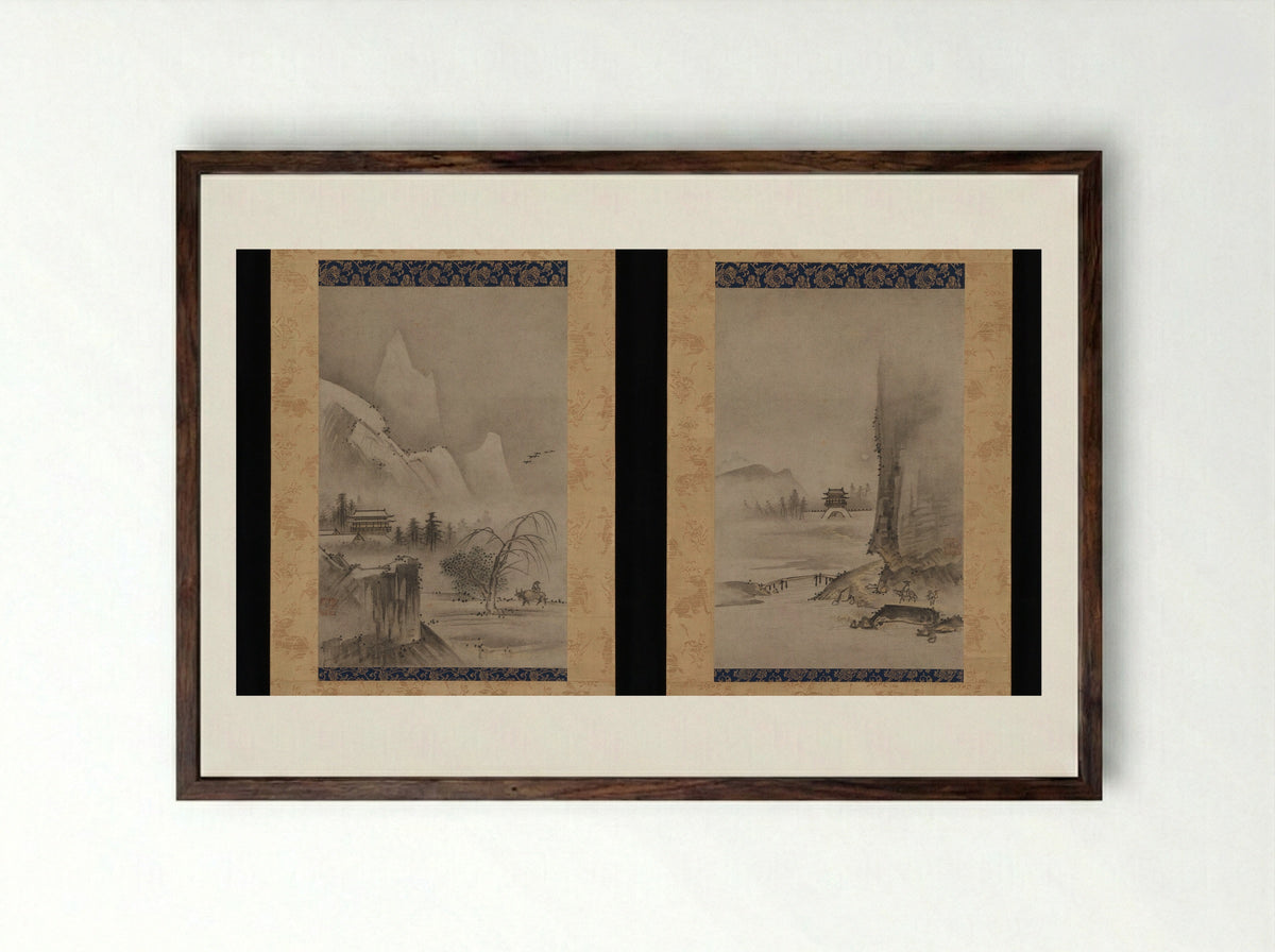 Two Views from the Eight Views of the Xiao and Xiang Rivers - Kantei - Framed Print Dark Wood