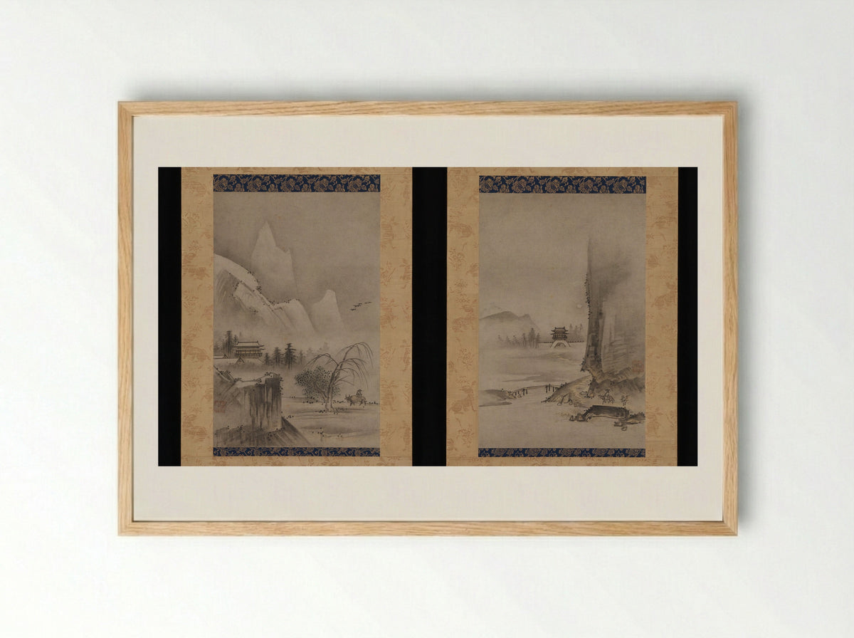 Two Views from the Eight Views of the Xiao and Xiang Rivers - Kantei - Framed Print Wood