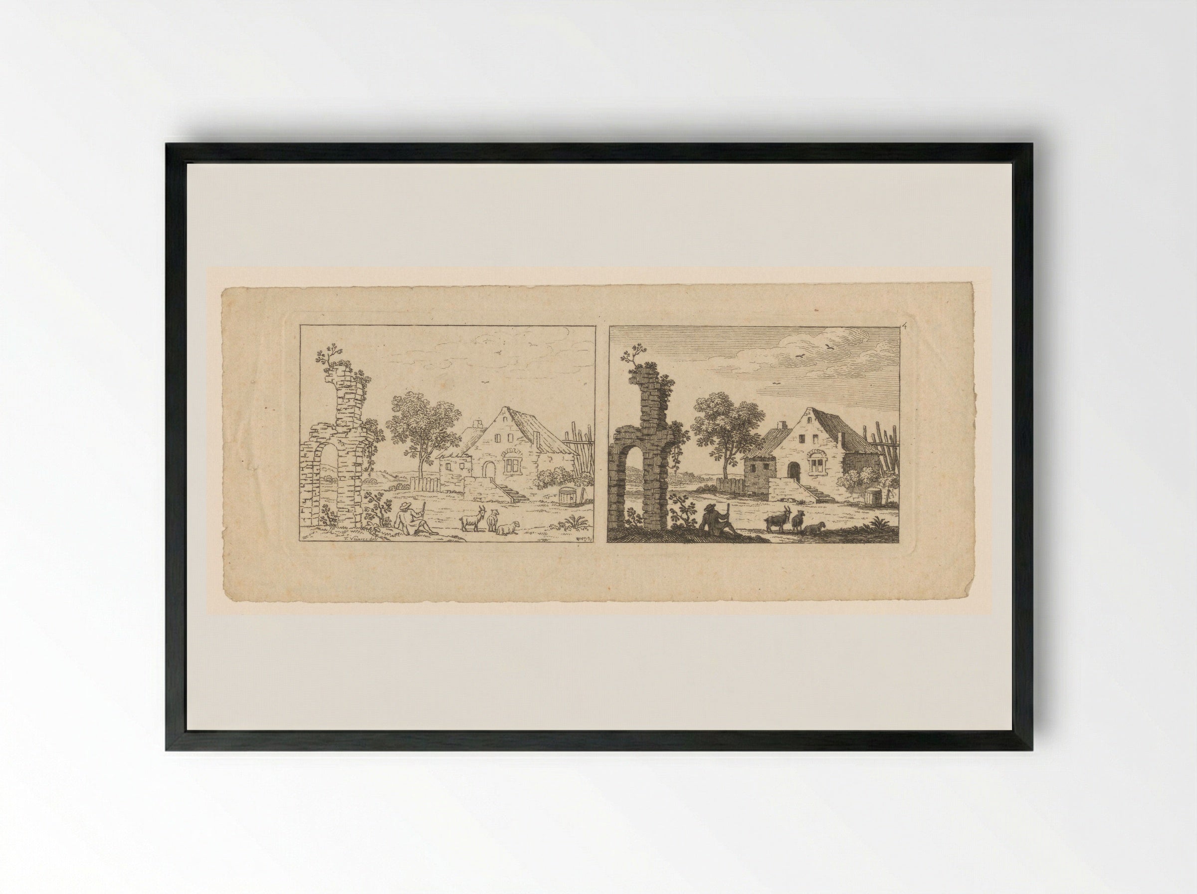 Two Views of a Farmstead and Ruin - François Vivares - Framed Print Black