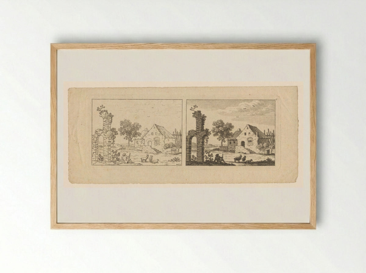 Two Views of a Farmstead and Ruin - François Vivares - Framed Print Wood