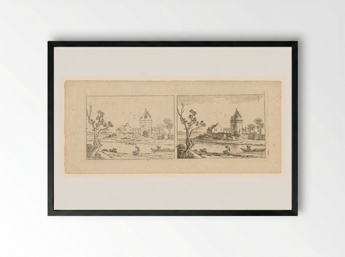 Two Views of a River Scene with a Tower - François Vivares - Framed Print Black