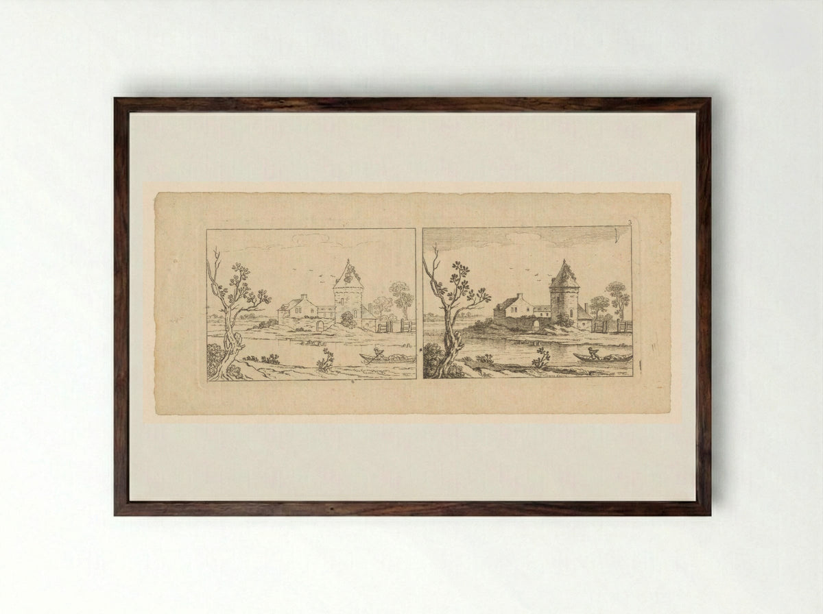 Two Views of a River Scene with a Tower - François Vivares - Framed Print Dark Wood