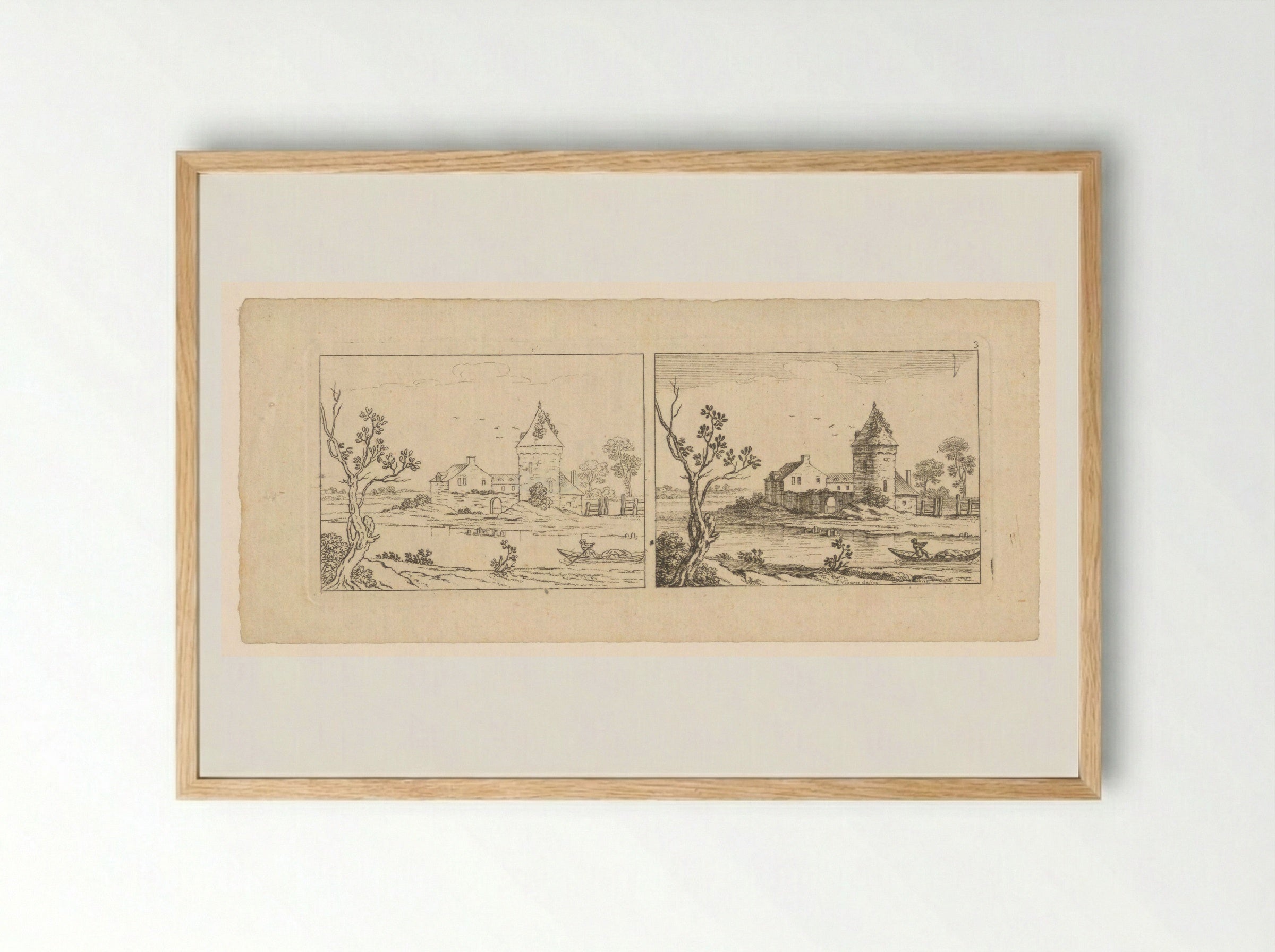 Two Views of a River Scene with a Tower - François Vivares - Framed Print Wood