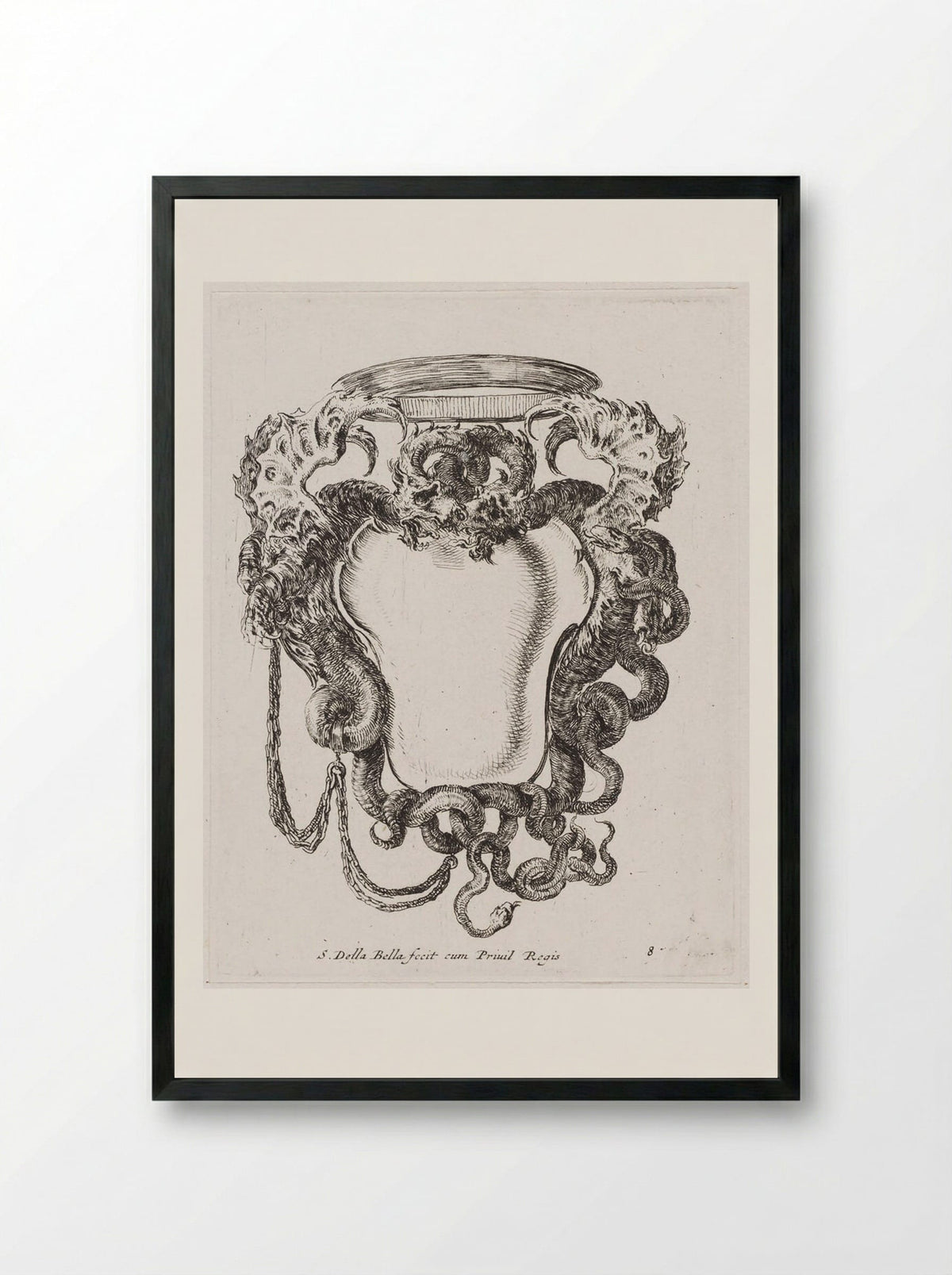 Two Winged Dragons Supporting a Simple Crown - Stefano Della Bella - Framed Print Black