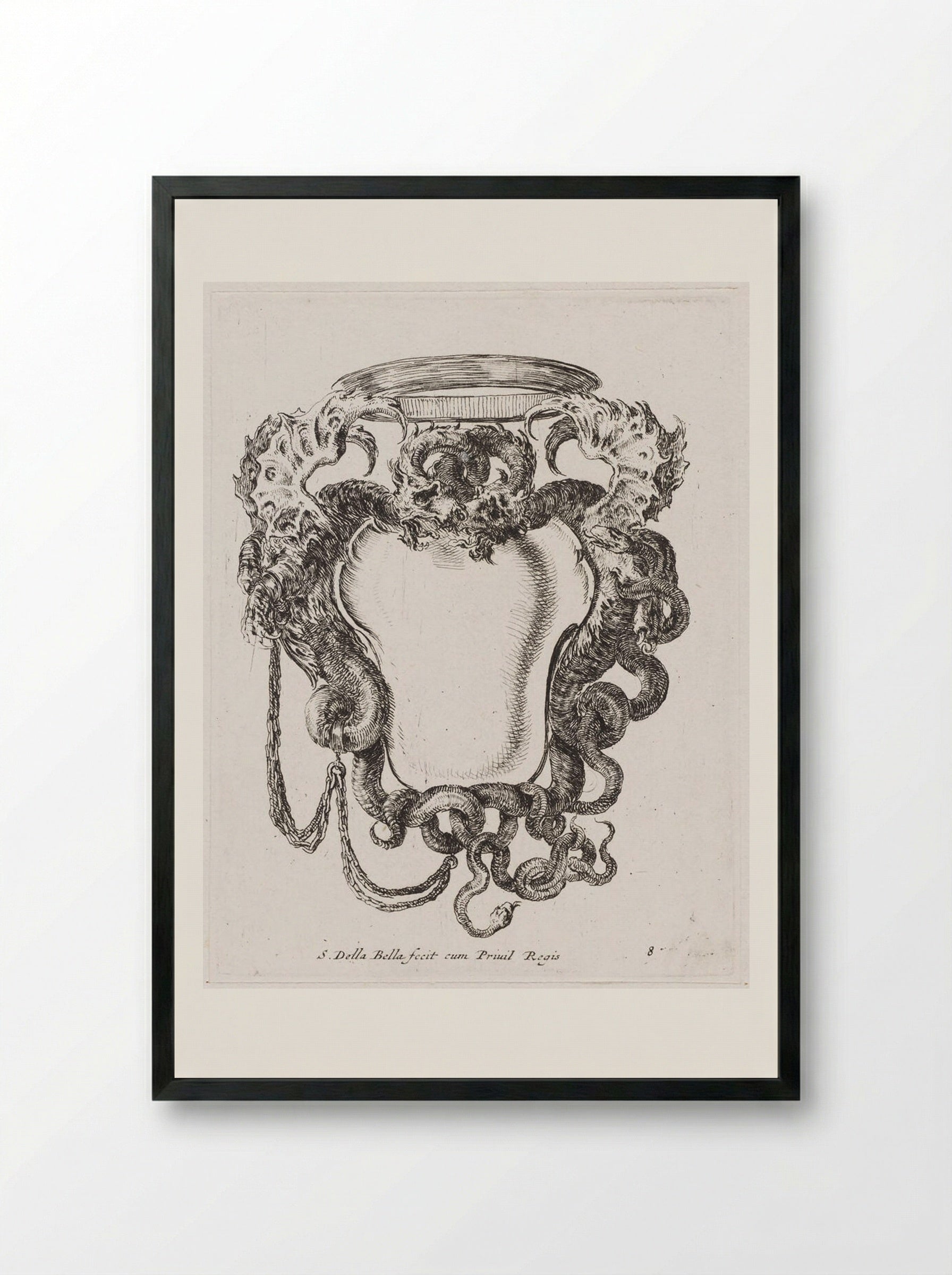 Two Winged Dragons Supporting a Simple Crown - Stefano Della Bella - Framed Print Black