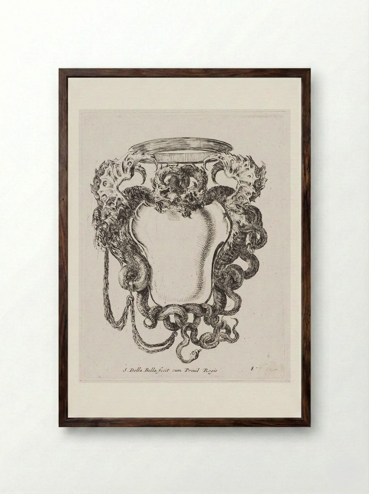 Two Winged Dragons Supporting a Simple Crown - Stefano Della Bella - Framed Print Dark Wood