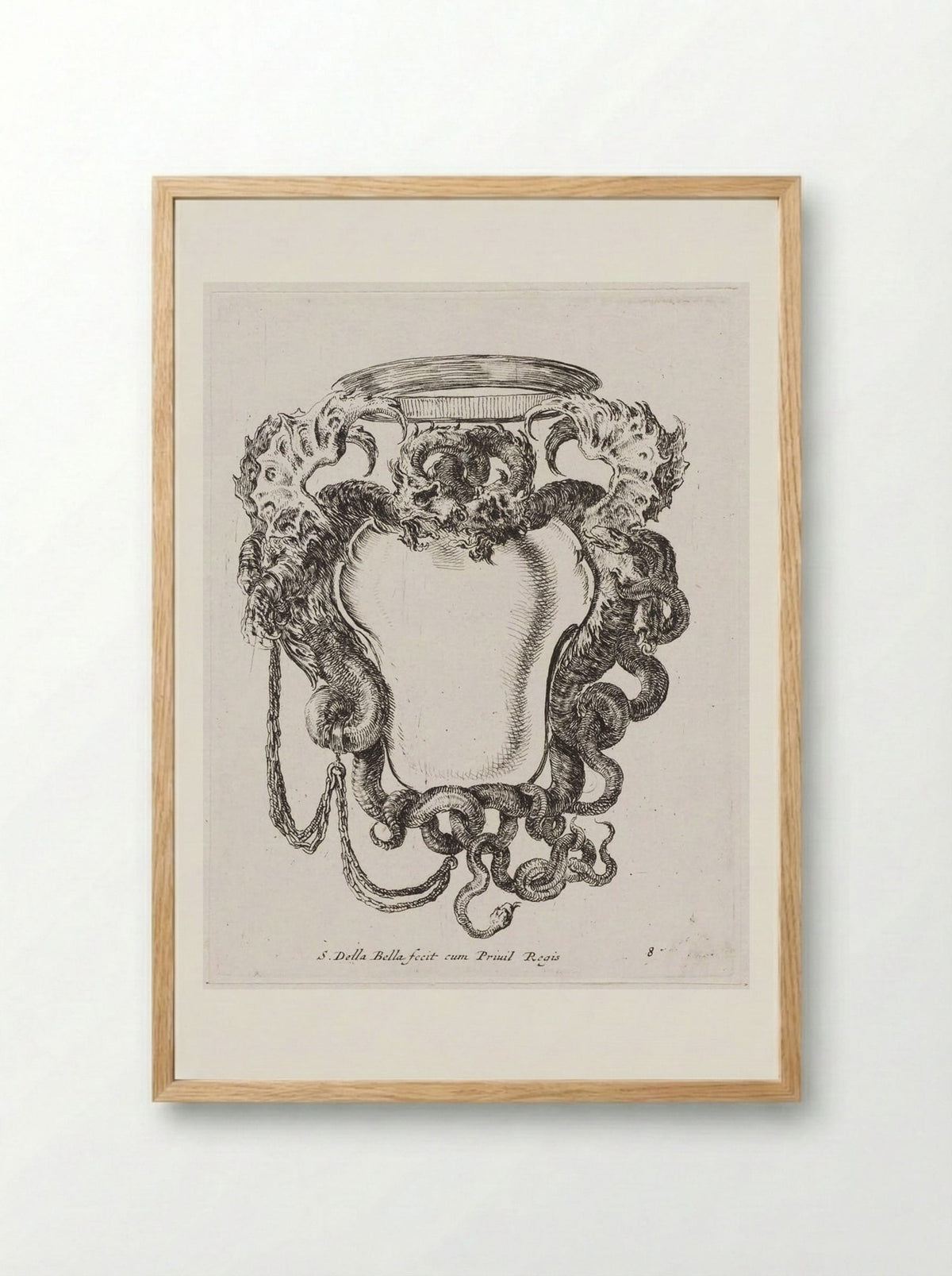 Two Winged Dragons Supporting a Simple Crown - Stefano Della Bella - Framed Print Wood