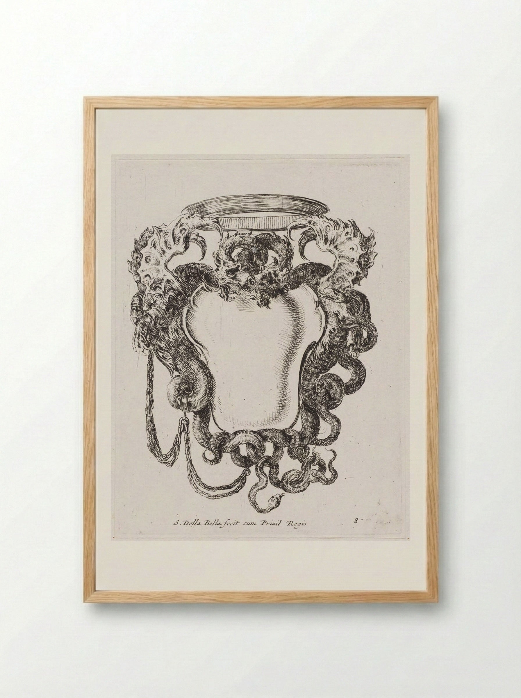 Two Winged Dragons Supporting a Simple Crown - Stefano Della Bella - Framed Print Wood