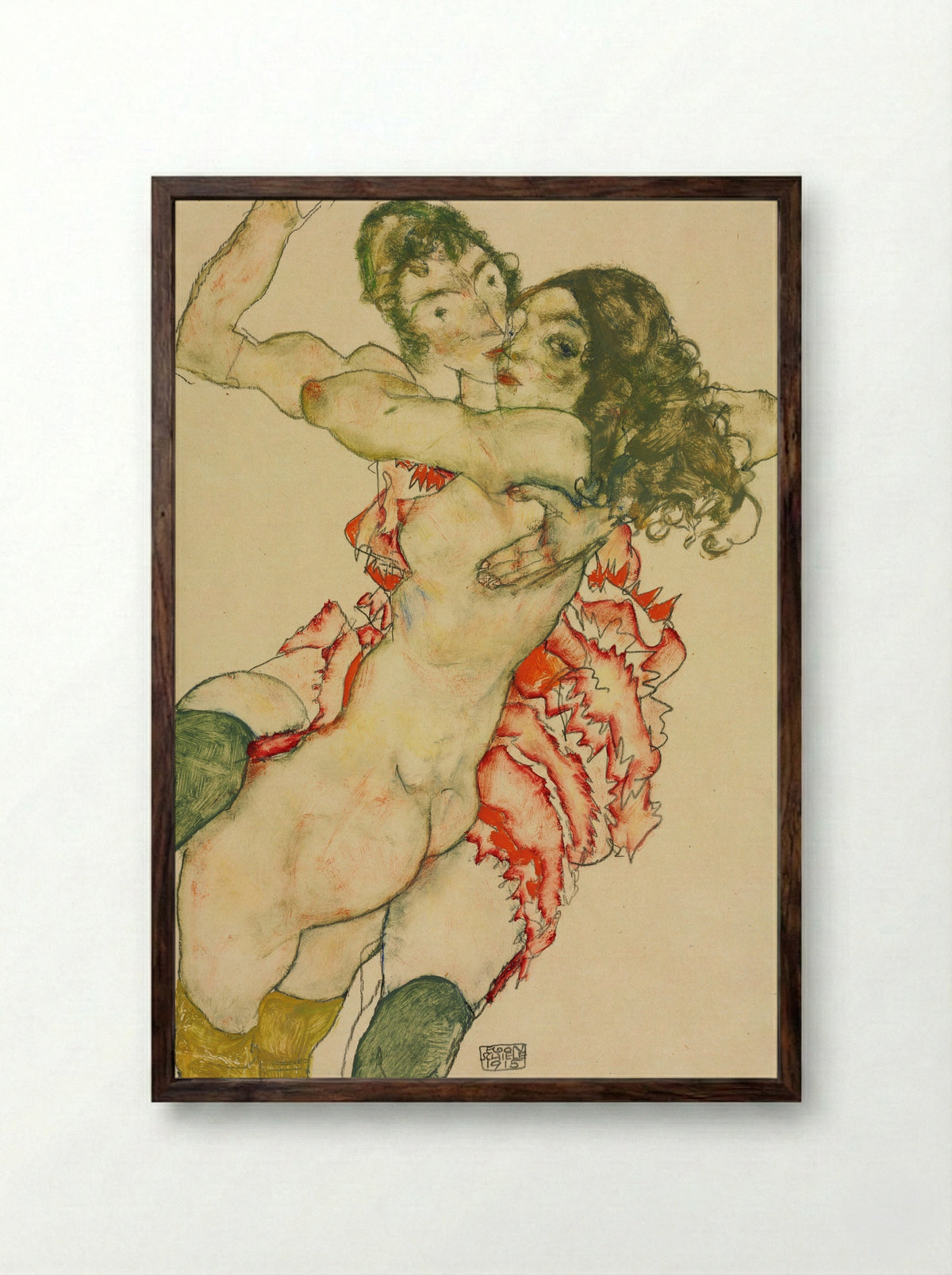 Two Women Embracing - Egon Schiele - Framed Print Dark Wood