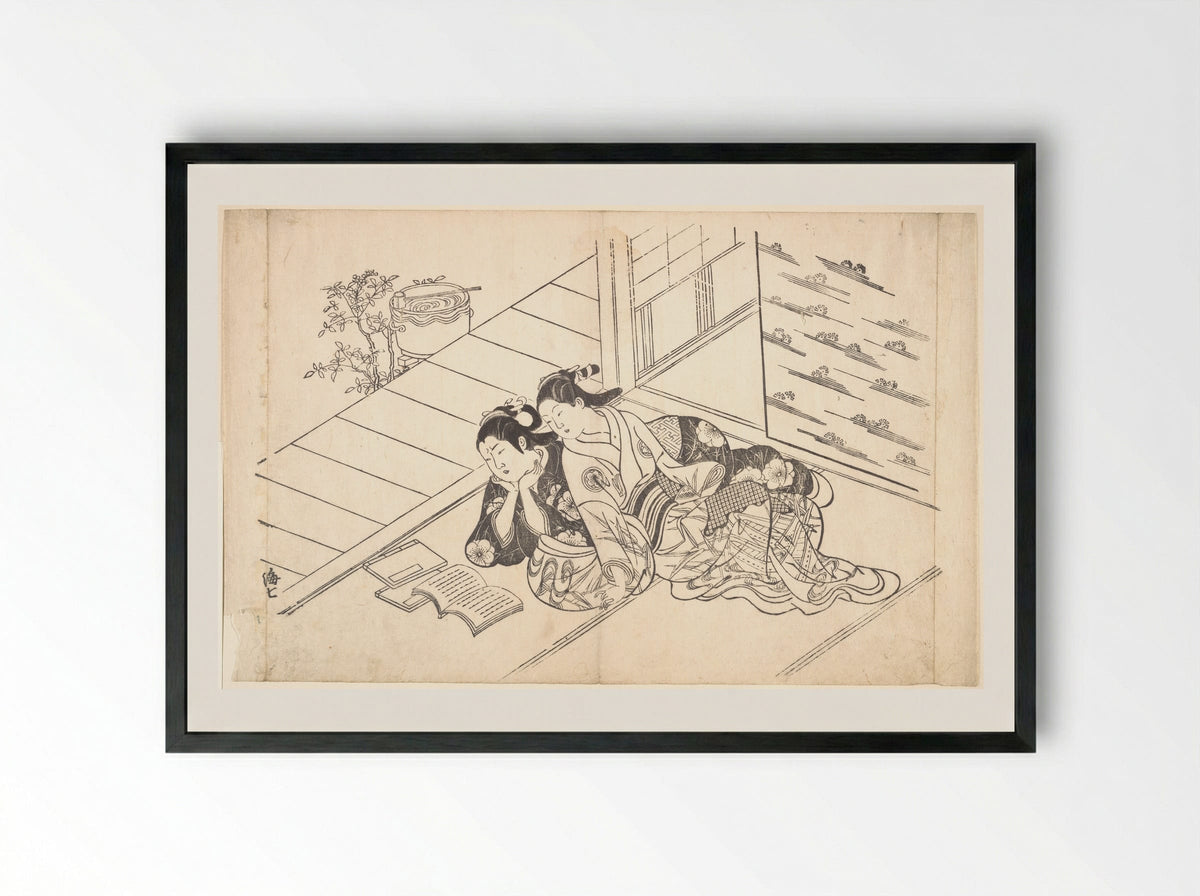 Two Women Reclining on the Floor of a Room and Reading a Book - Nishikawa Sukenobu - Framed Print Black