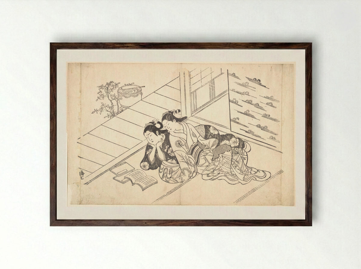 Two Women Reclining on the Floor of a Room and Reading a Book - Nishikawa Sukenobu - Framed Print Dark Wood