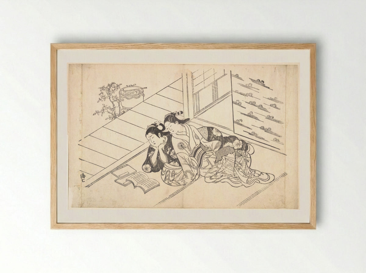 Two Women Reclining on the Floor of a Room and Reading a Book - Nishikawa Sukenobu - Framed Print Wood