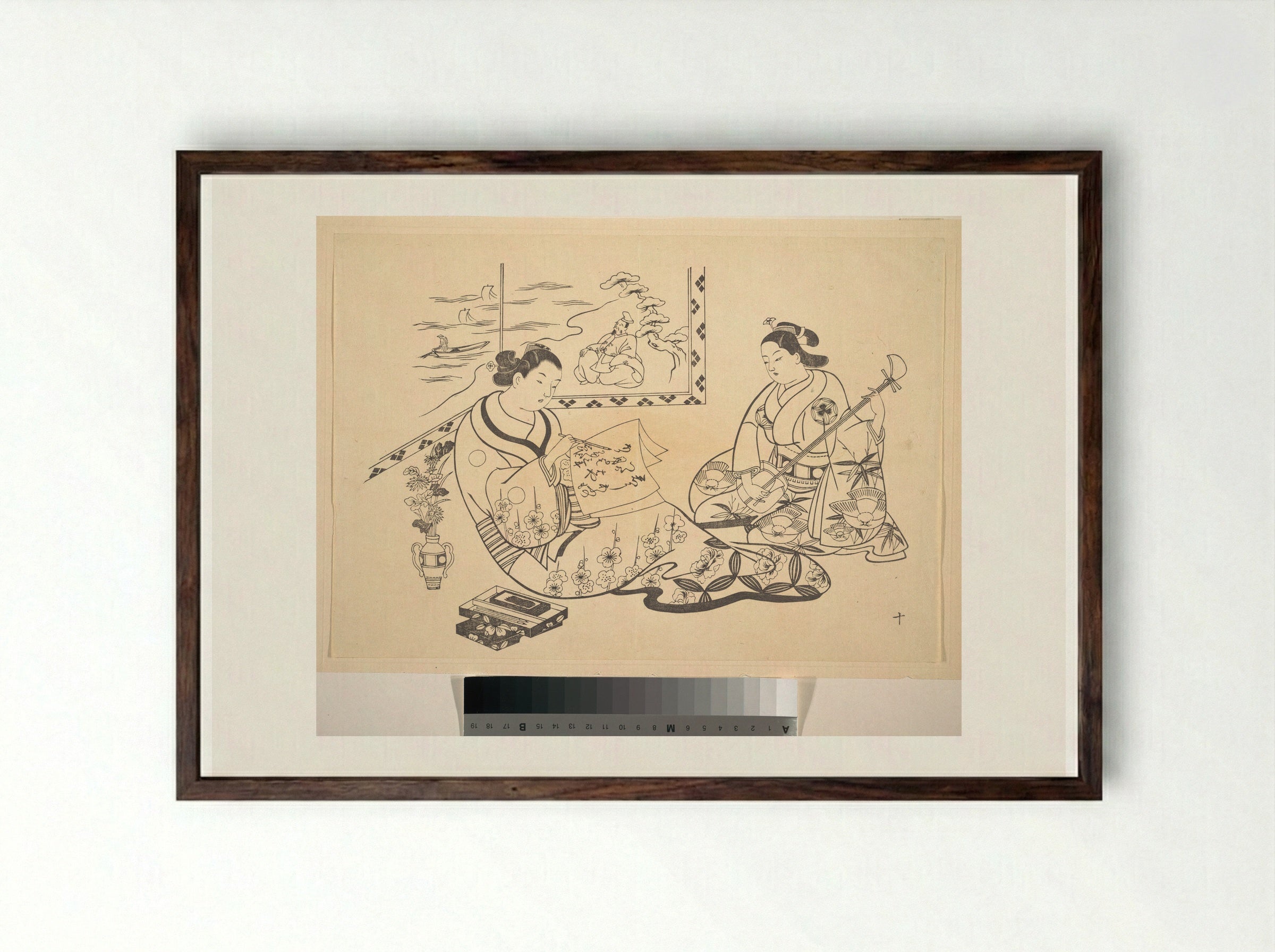 Two Women Seated in a Parlor - Okumura Masanobu - Framed Print Dark Wood