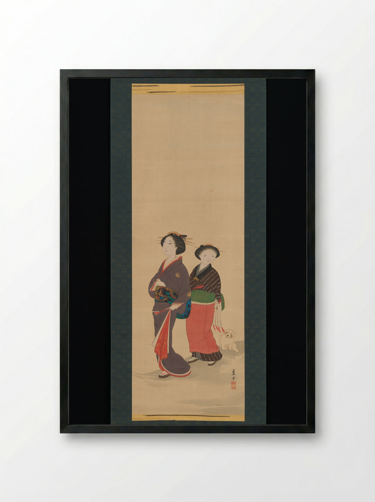 Two Women and a Puppy - Nagasawa Rosetsu - Framed Print Black