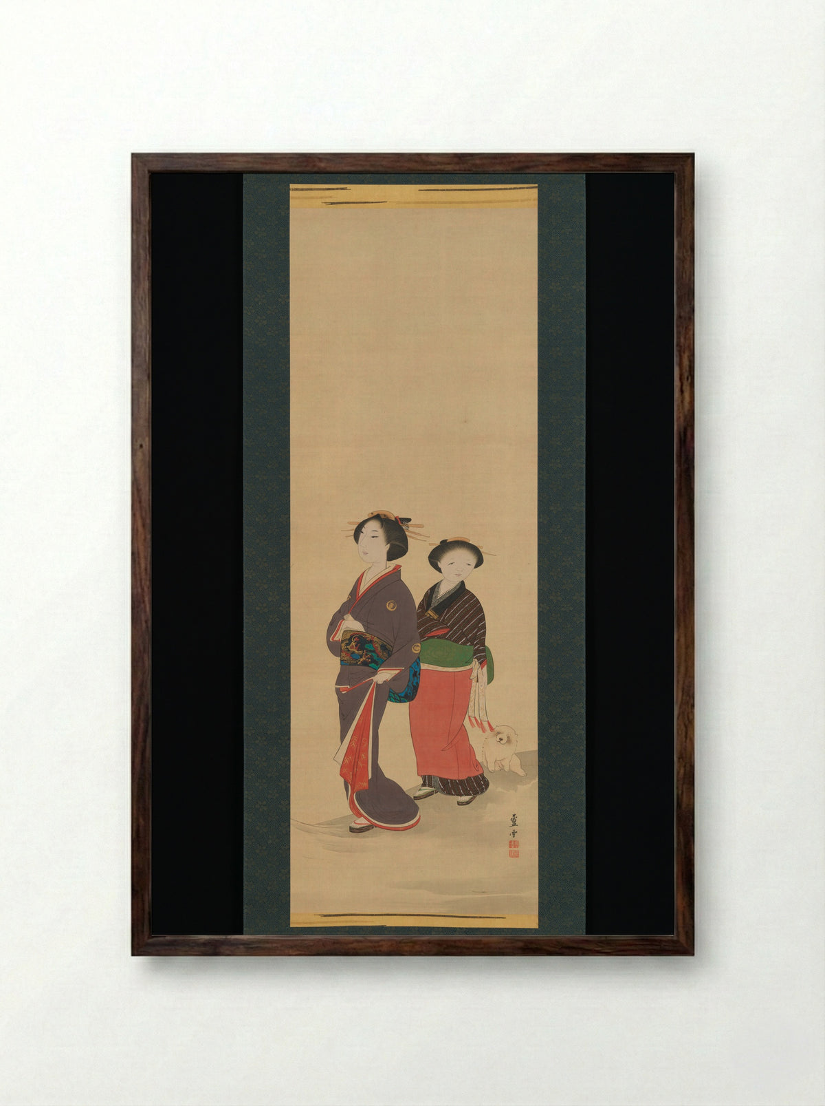 Two Women and a Puppy - Nagasawa Rosetsu - Framed Print Dark Wood