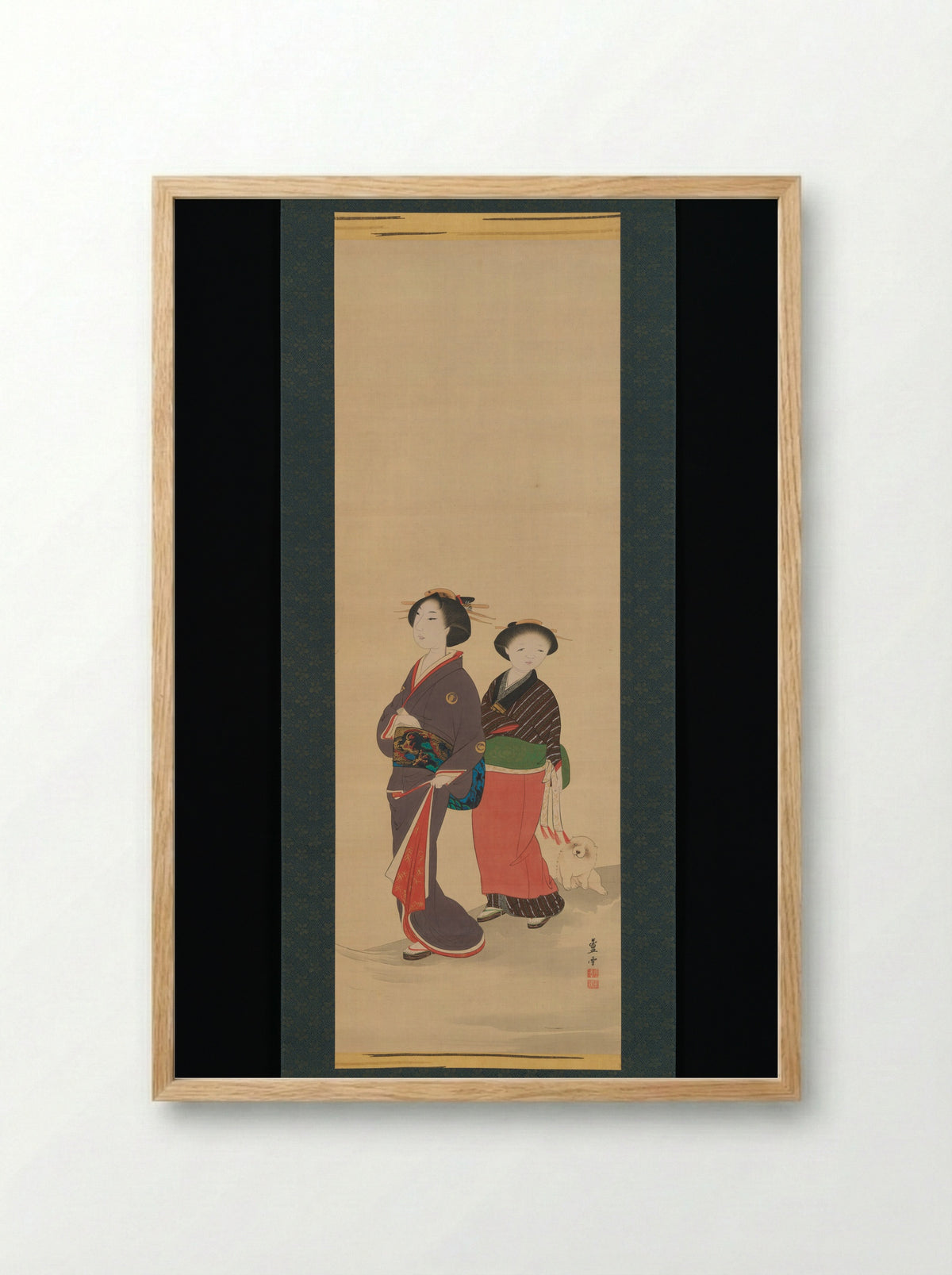 Two Women and a Puppy - Nagasawa Rosetsu - Framed Print Wood