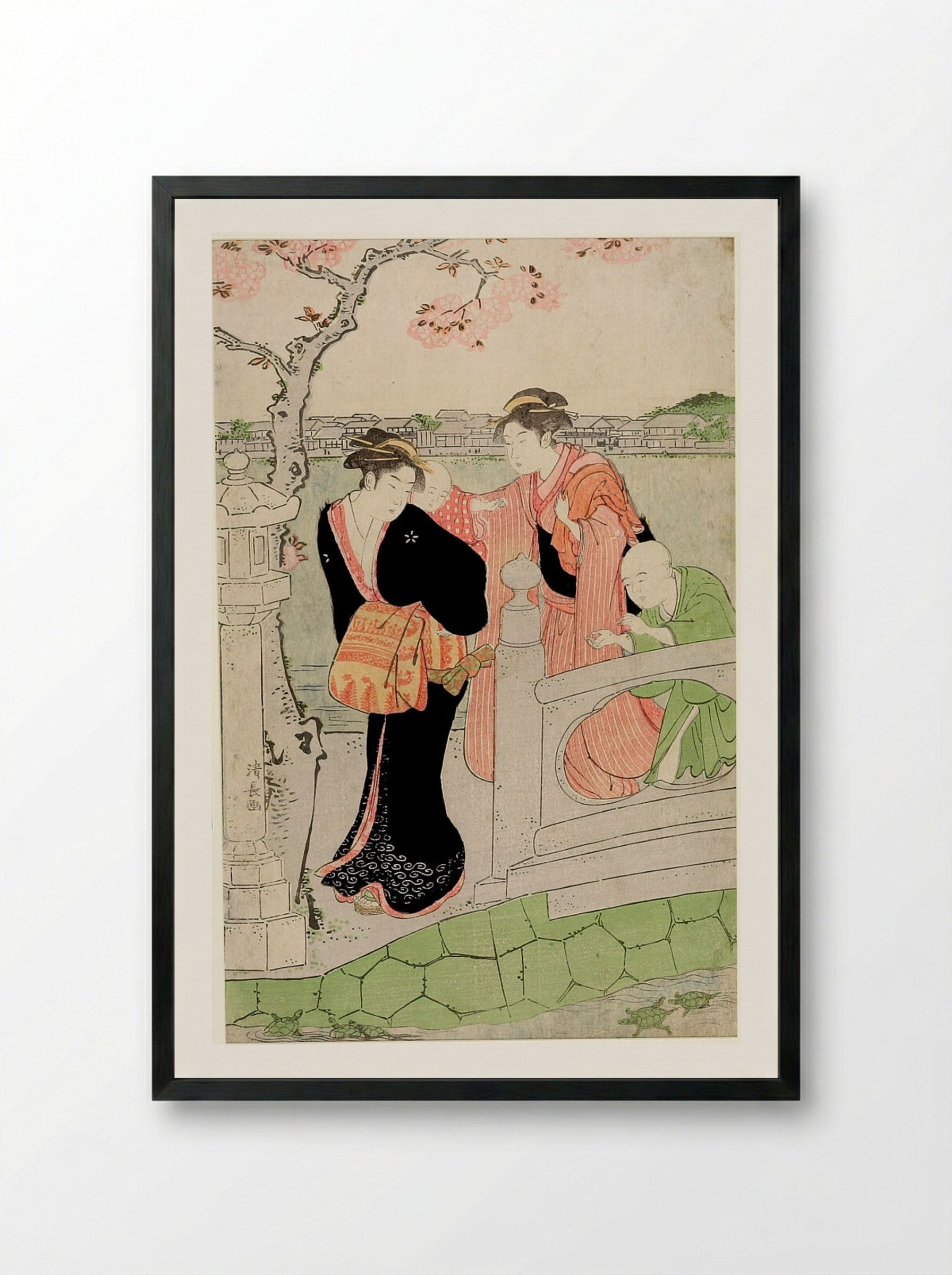 Two Women with Children on a Bridge - Torii Kiyonaga - Framed Print Black