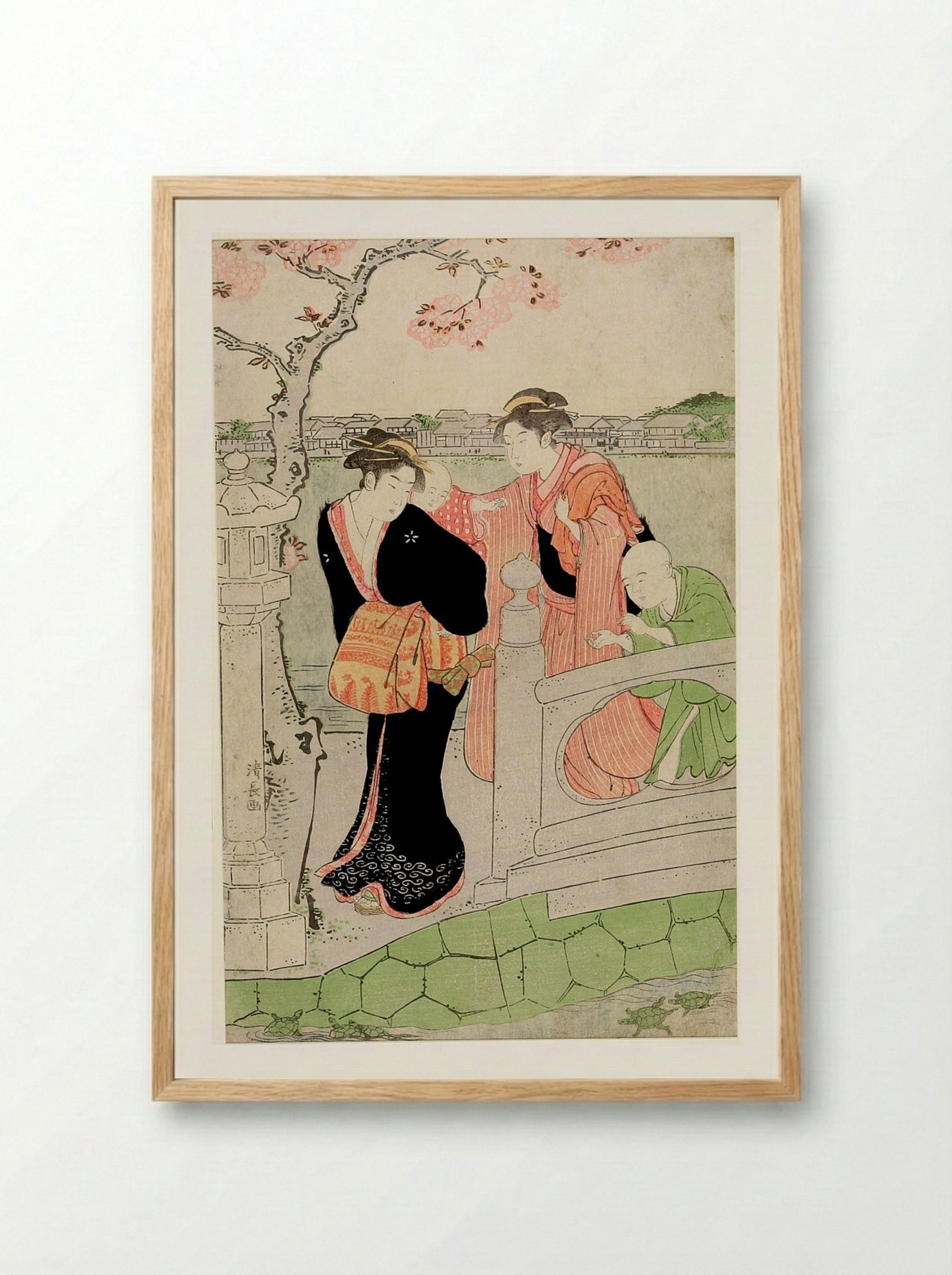 Two Women with Children on a Bridge - Torii Kiyonaga - Framed Print Wood