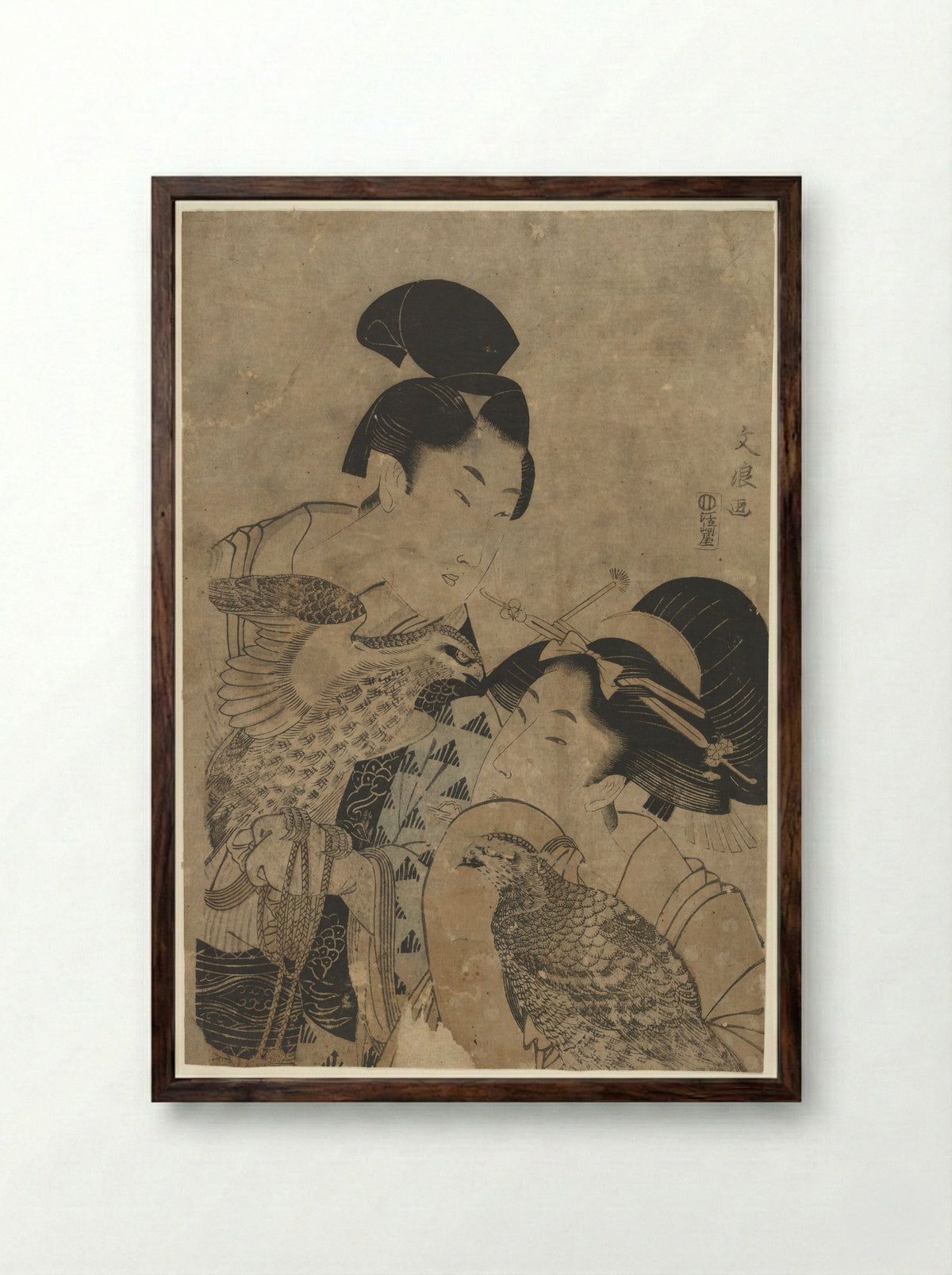 Two Women with Falcons - Bunryō - Framed Print Dark Wood