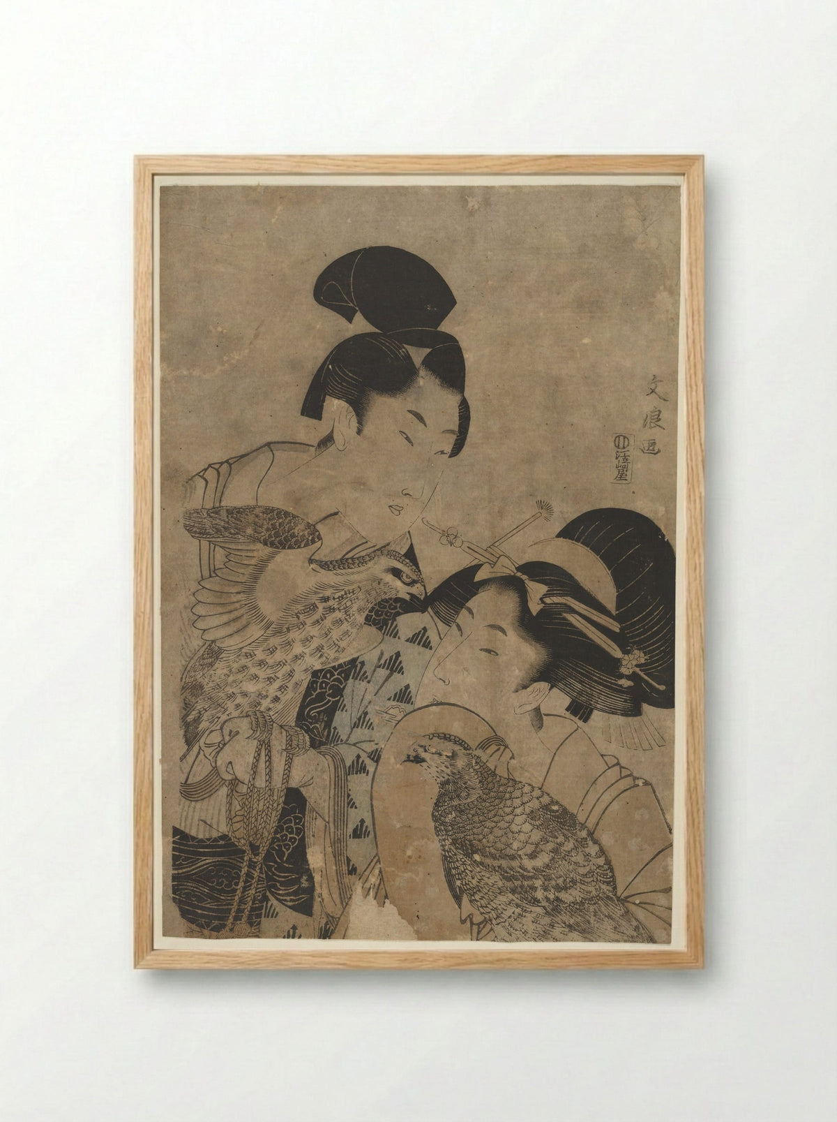 Two Women with Falcons - Bunryō - Framed Print Wood