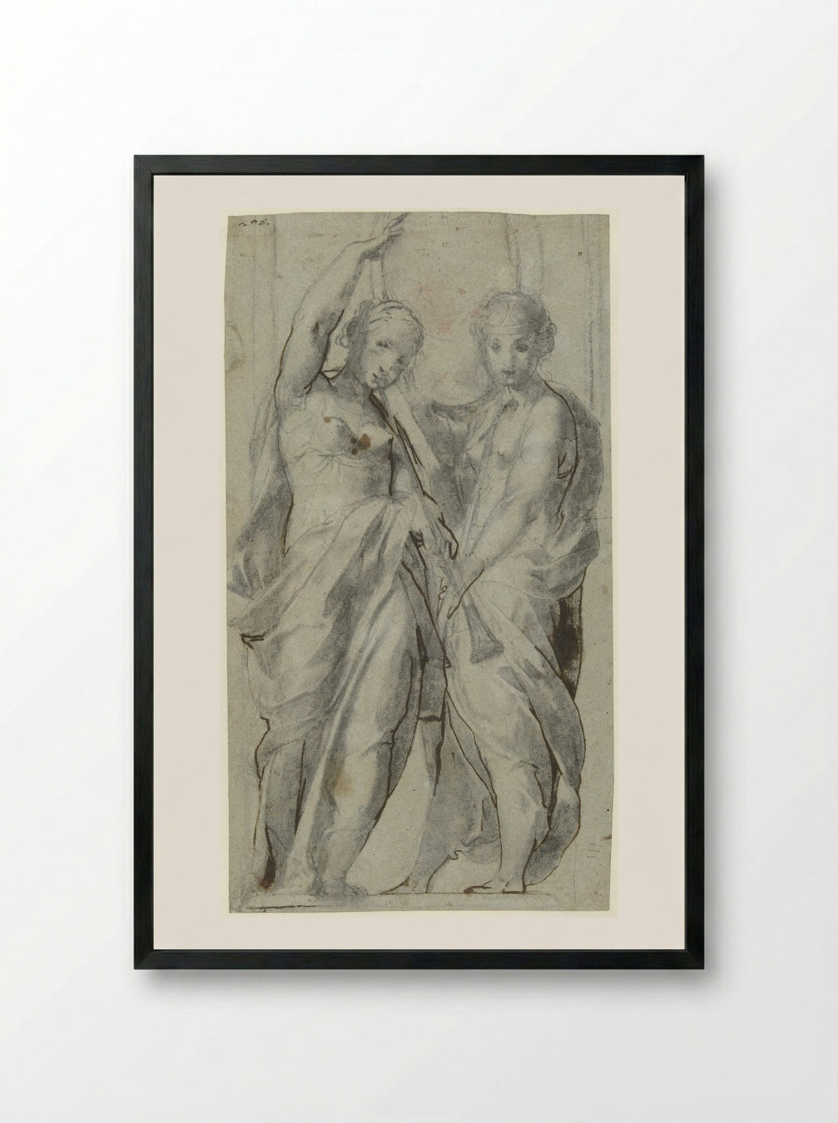 Two Women with Trumpets - Giulio Cesare Procaccini - Framed Print Black