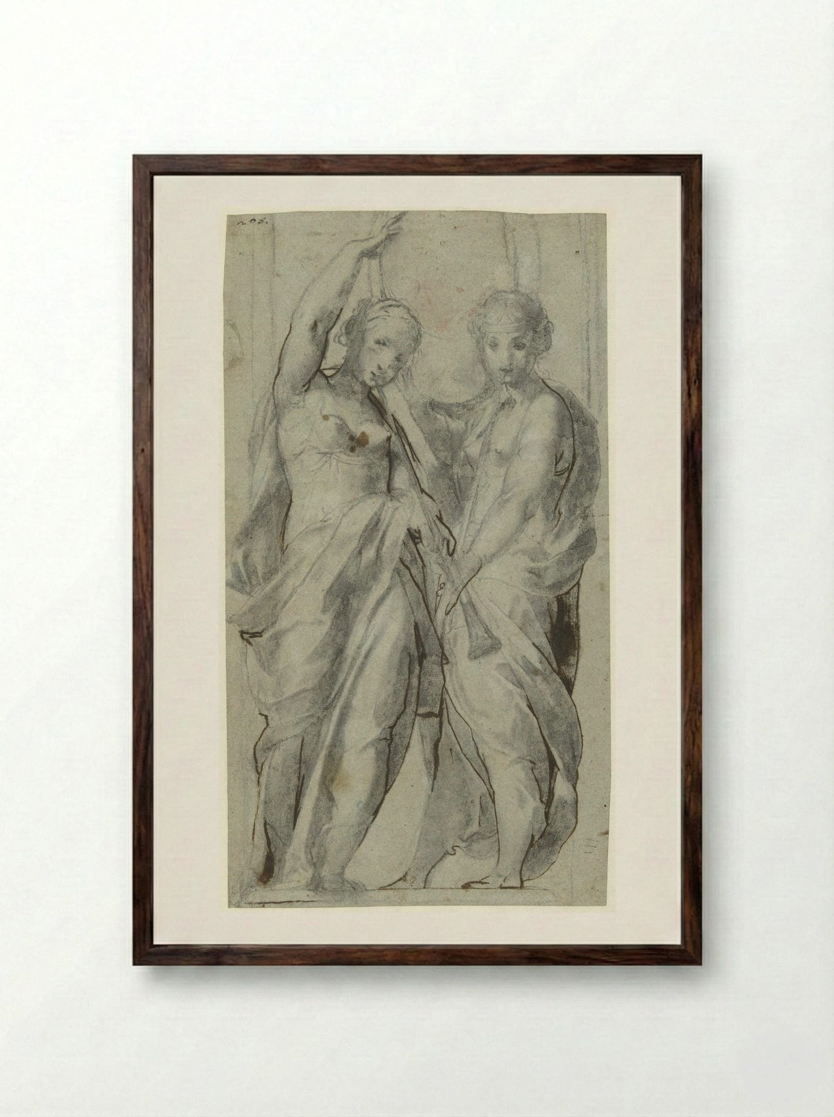 Two Women with Trumpets - Giulio Cesare Procaccini - Framed Print Dark Wood