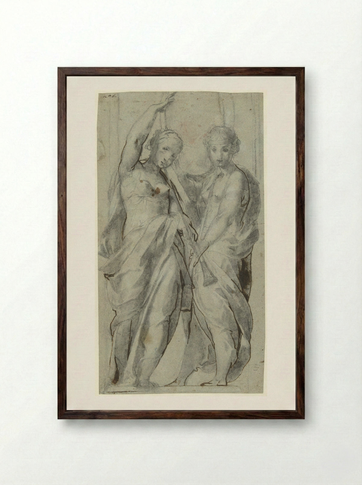 Two Women with Trumpets - Giulio Cesare Procaccini - Framed Print Dark Wood