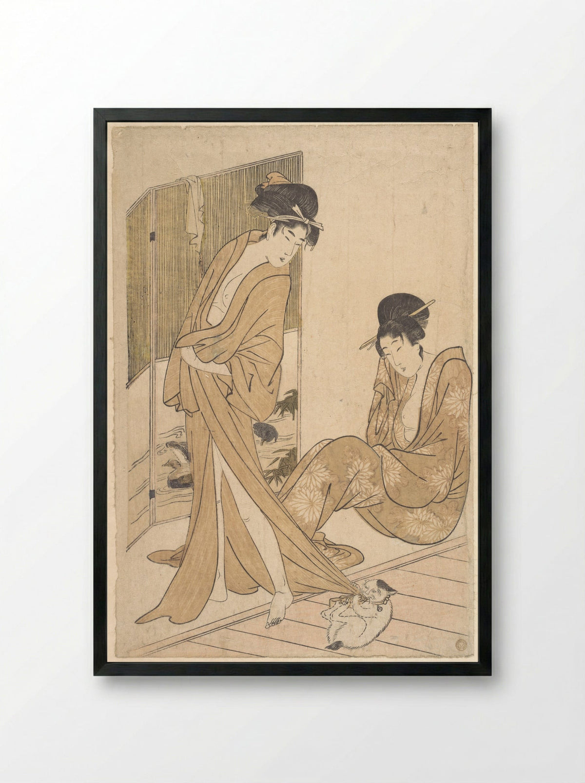 Two Young Women Wrapped in Yukata After a Bath - Kitagawa Utamaro - Framed Print Black