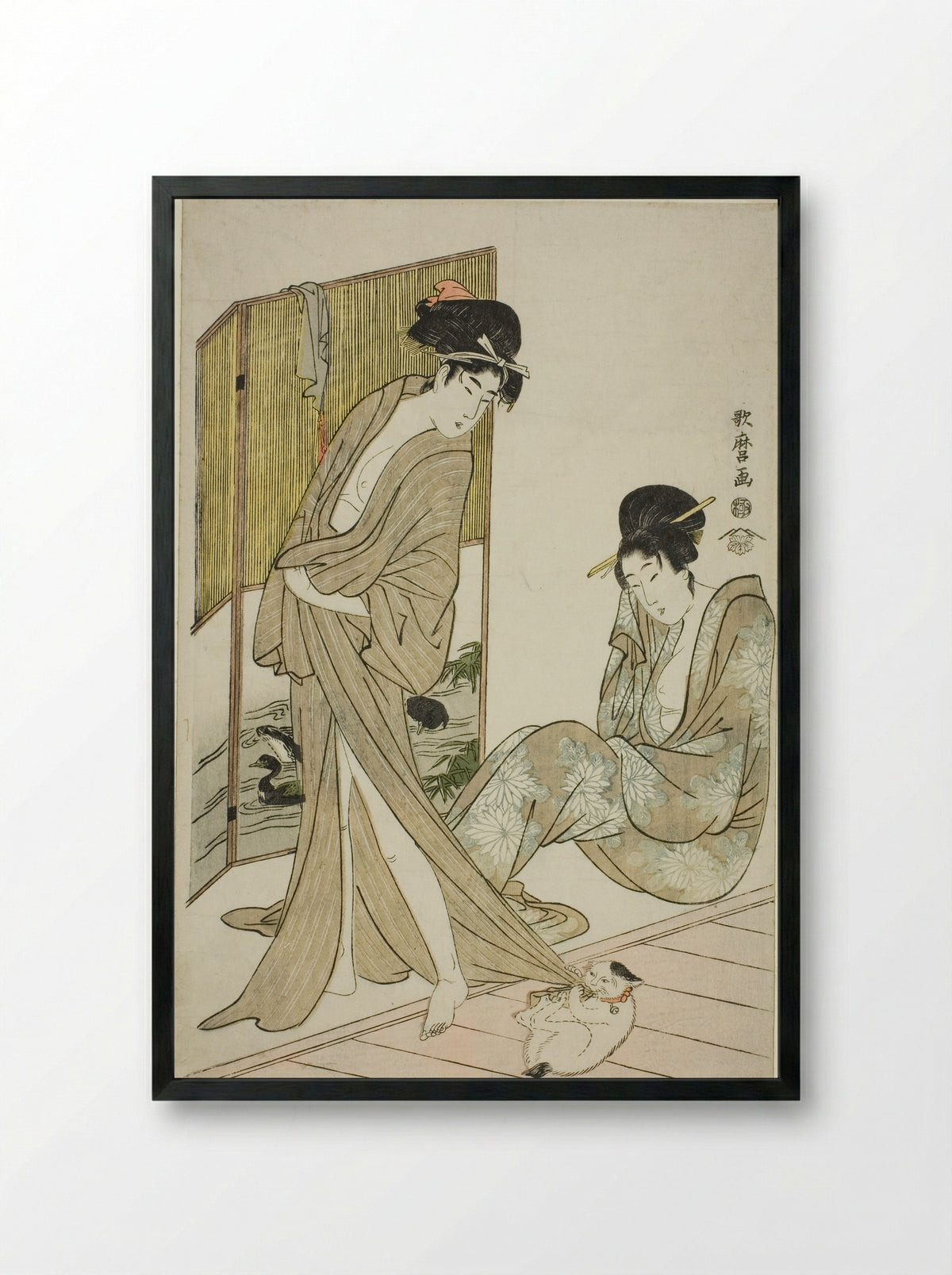 Two Young Women after a Bath - Kitagawa Utamaro - Framed Print Black