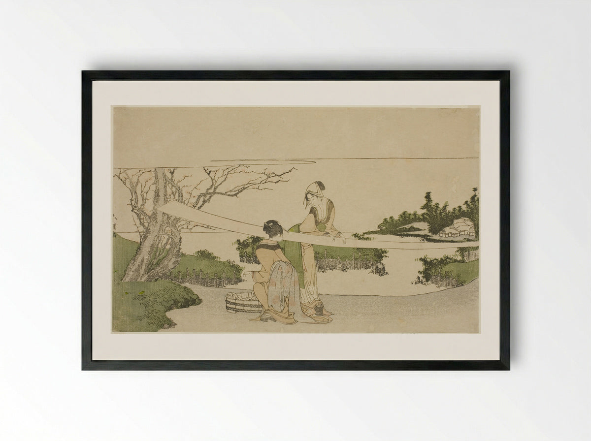 Two women stretching cloth - Katsushika Hokusai - Framed Print Black