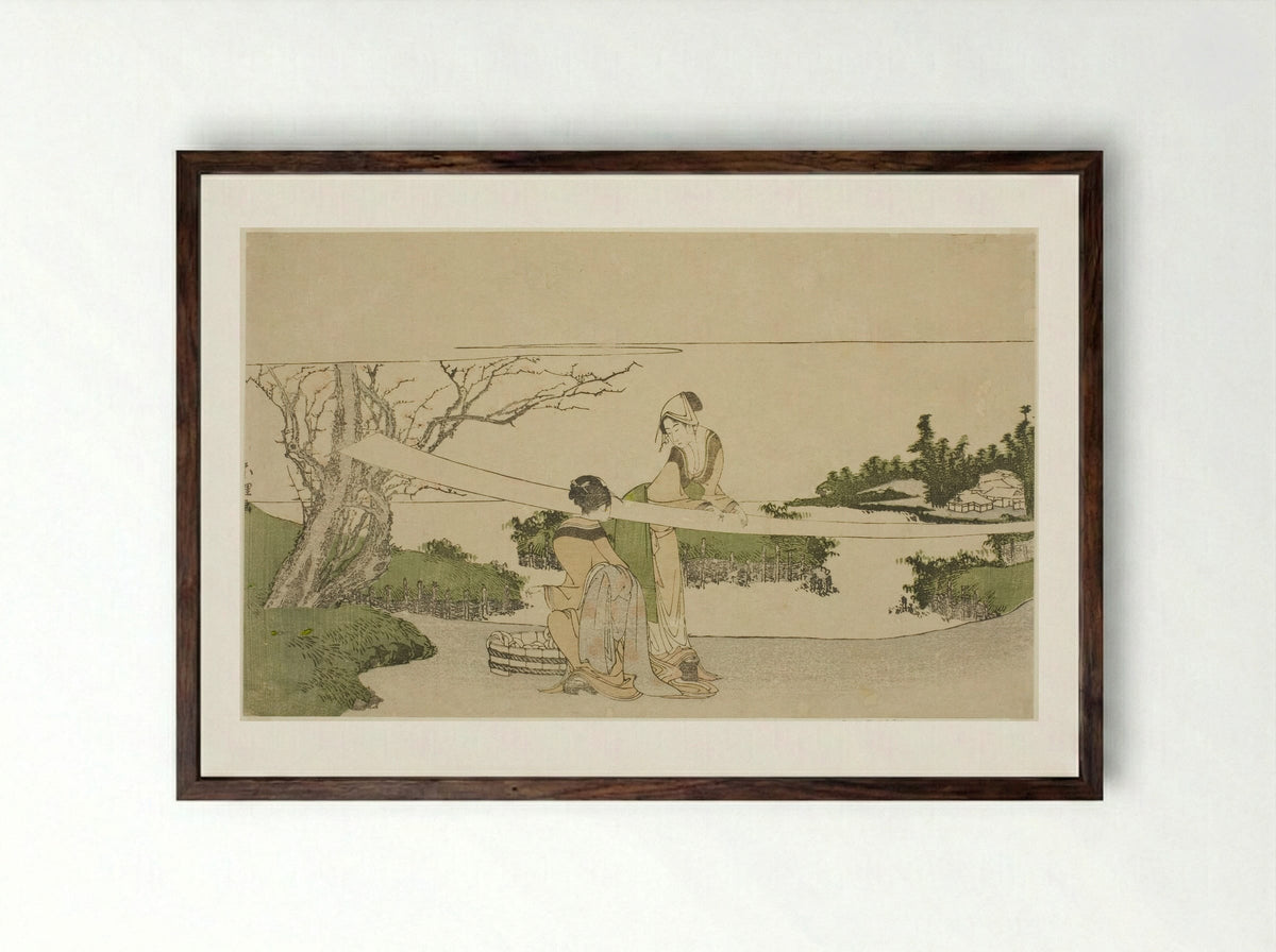 Two women stretching cloth - Katsushika Hokusai - Framed Print Dark Wood
