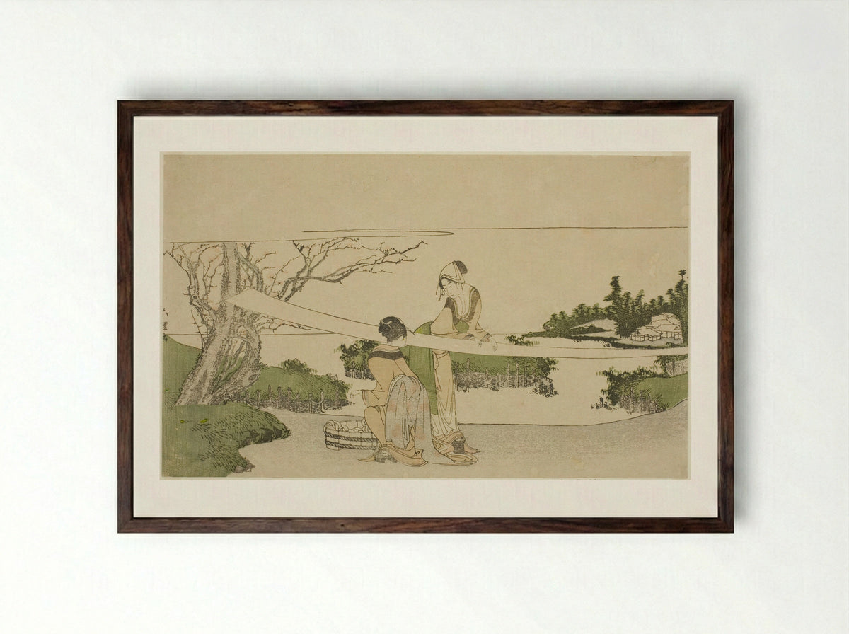 Two women stretching cloth - Katsushika Hokusai - Framed Print Dark Wood